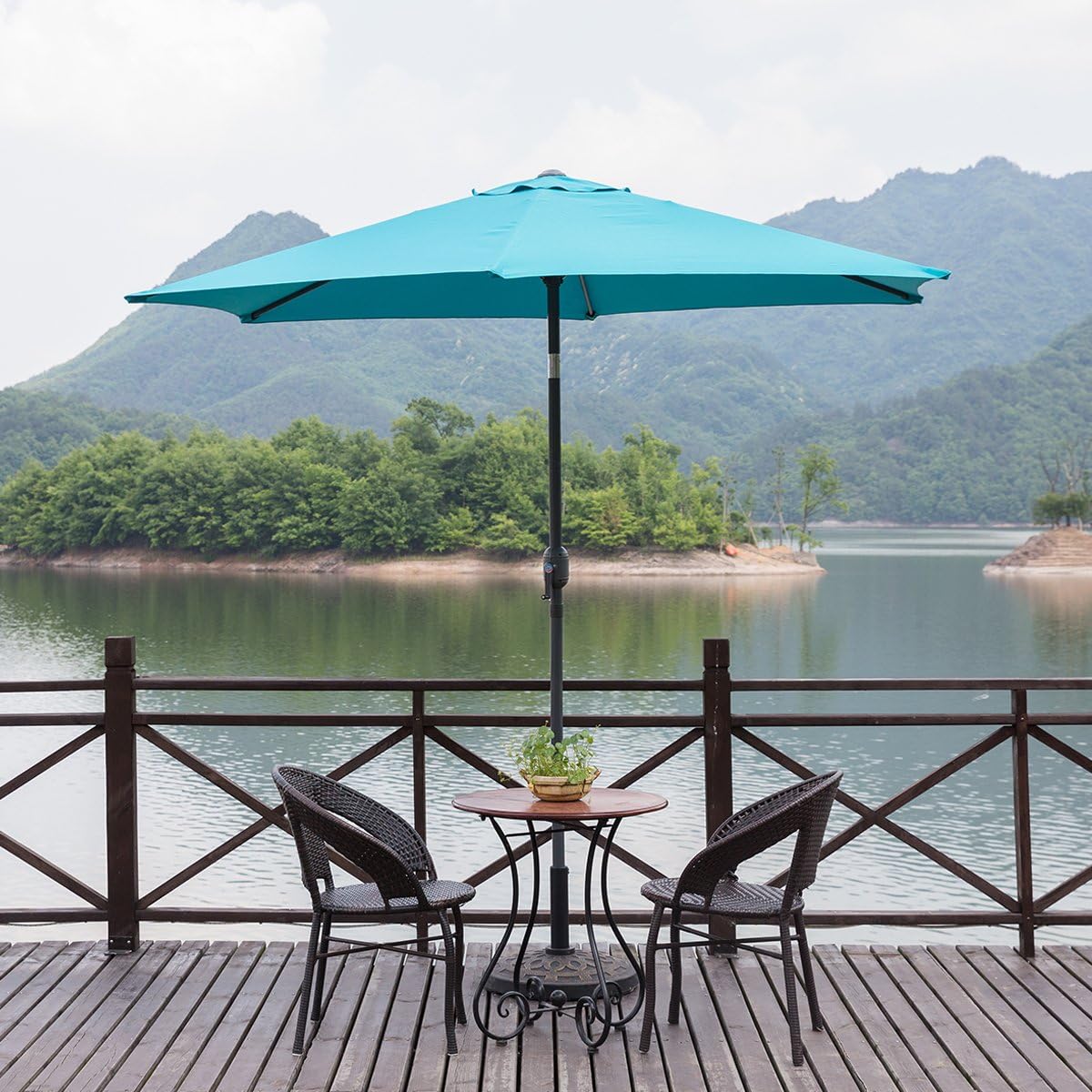MYAL Patio Outdoor 9ft Market Umbrella with Push Button Tilt and Crank Turquoise