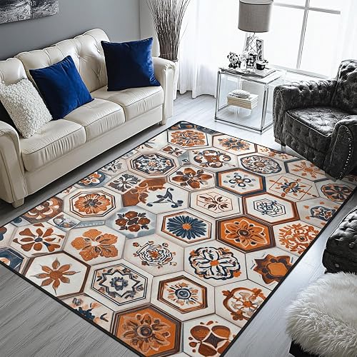 Doteon Moroccan Area Rug 5x7 Hexagonal Moroccan Area Rug Non Slip Teal and Orang
