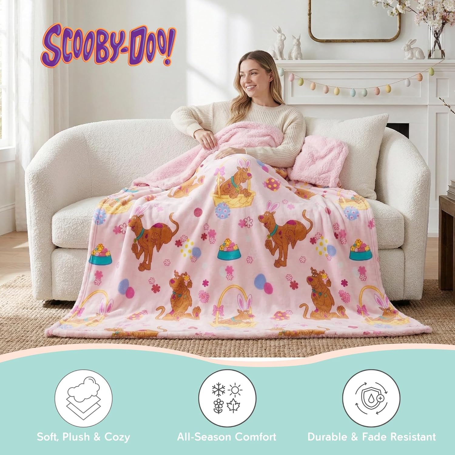 Scooby-Doo Easter Fluffy Throw 50 in x 70 in – Soft Plush Lightweight Blanket for Couch, Bed & Travel (100% Officially Licensed Product) by Franco Collectibles