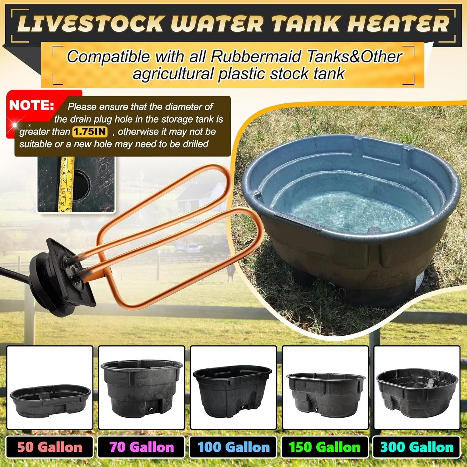 Submersible Stock Tank Heater Fit for rubbermaid Stock Tanks, 1500W Deicer, Thermostatically Controlled, Rubbermaid Water Trough Heater, Water Trough Heater for Livestock, Three-Years Free Replacement