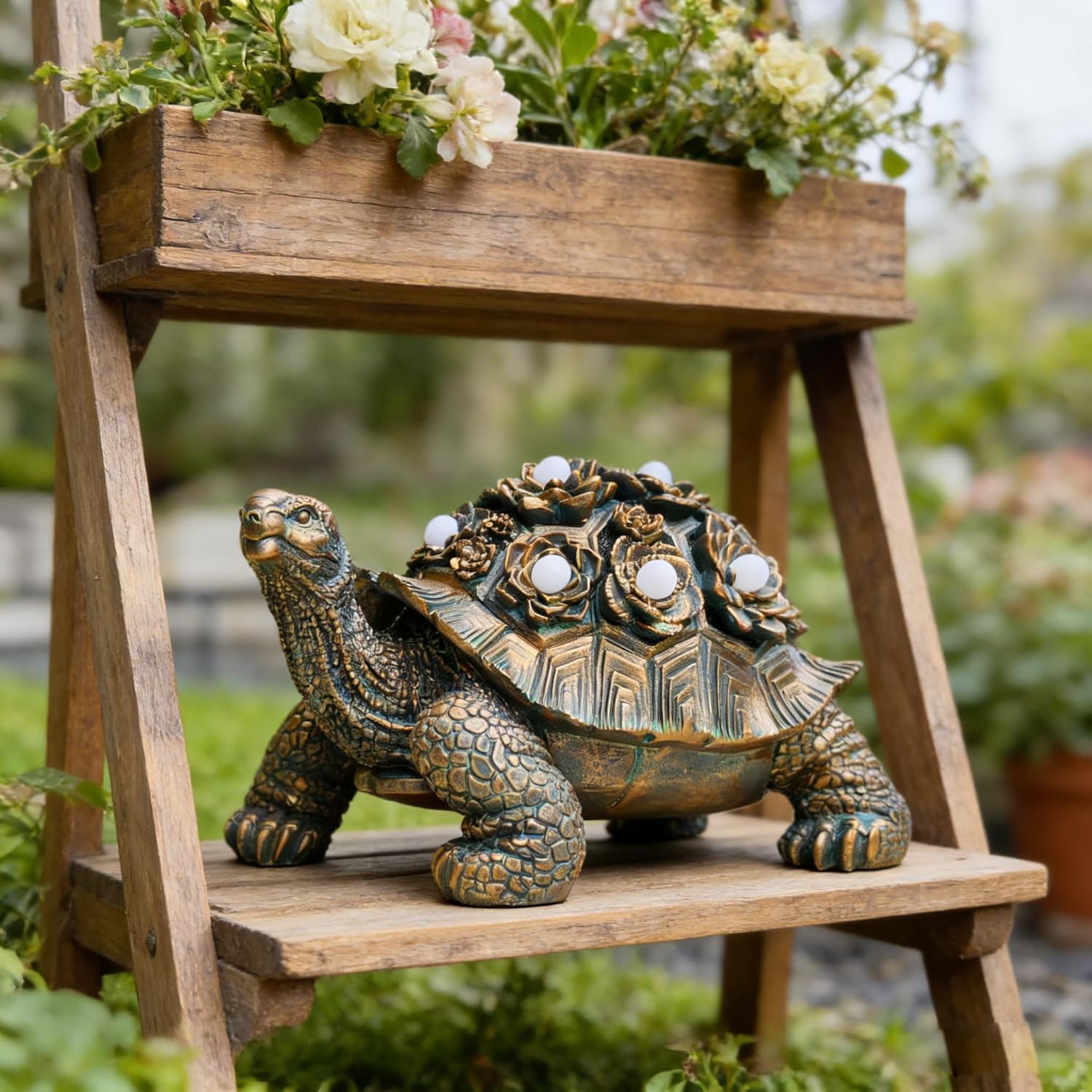 Outdoor Solar Turtle Decor, Resin Succulent Turtle Statue with Waterproof LED Lights, Garden Gift for Plant Lovers for Patio, Balcony, Yard Ornament