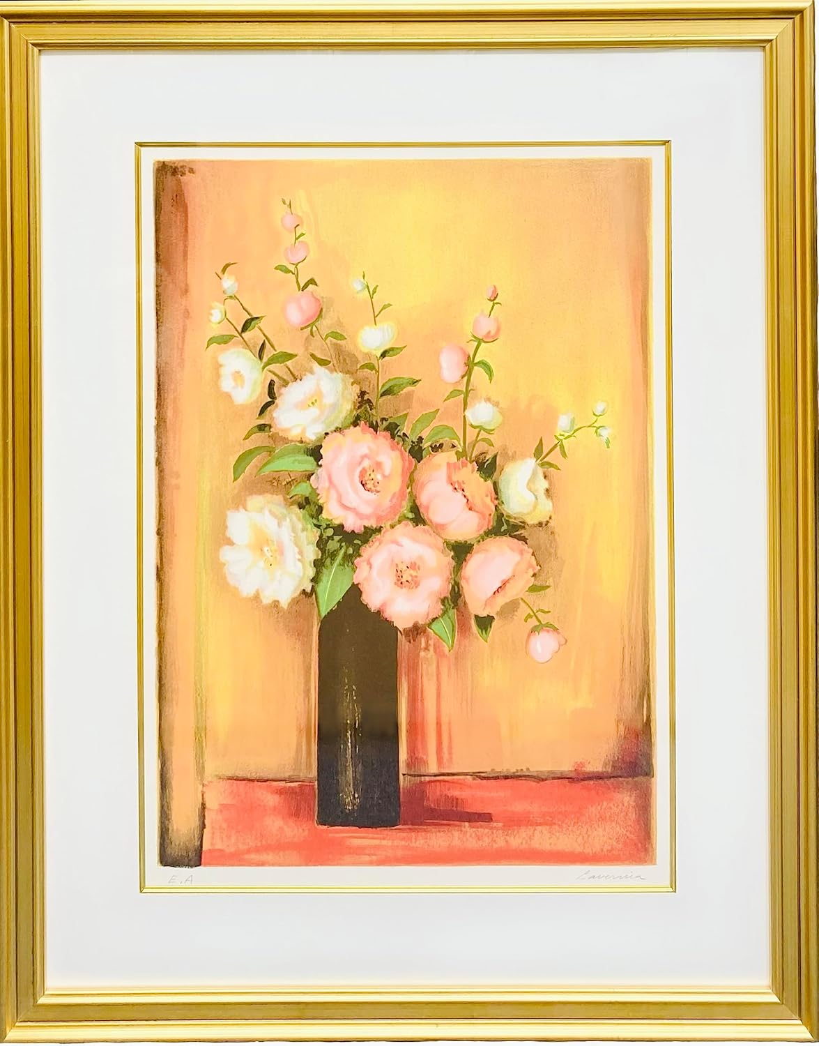 アンジェリーナ ラベルニア リトグラフ オレンジの背景の薔薇 インテリア 絵画 絵画 版画 アンジョリーナ・ラベルニア 額付き 『オレンジの背景の薔薇