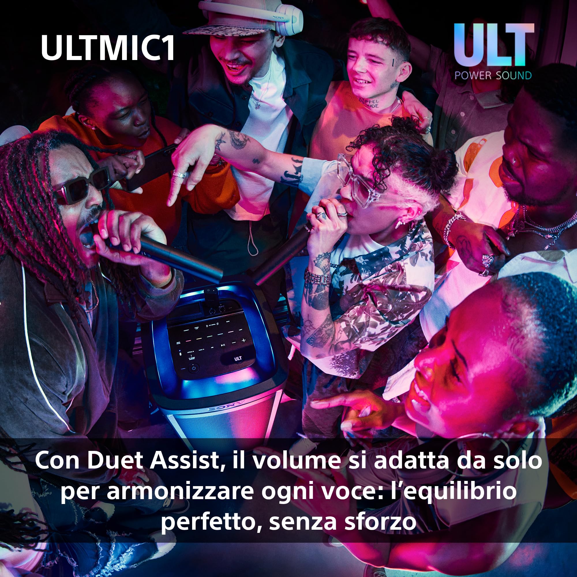 Sony ULTMIC1 - Set di microfoni wireless con 2 microfoni e ricevitore, riduzione avanzata del rumore, Duet Assist, batteria da 20 ore, antiurto, perfetto per la serie ULT POWER SOUND - Black