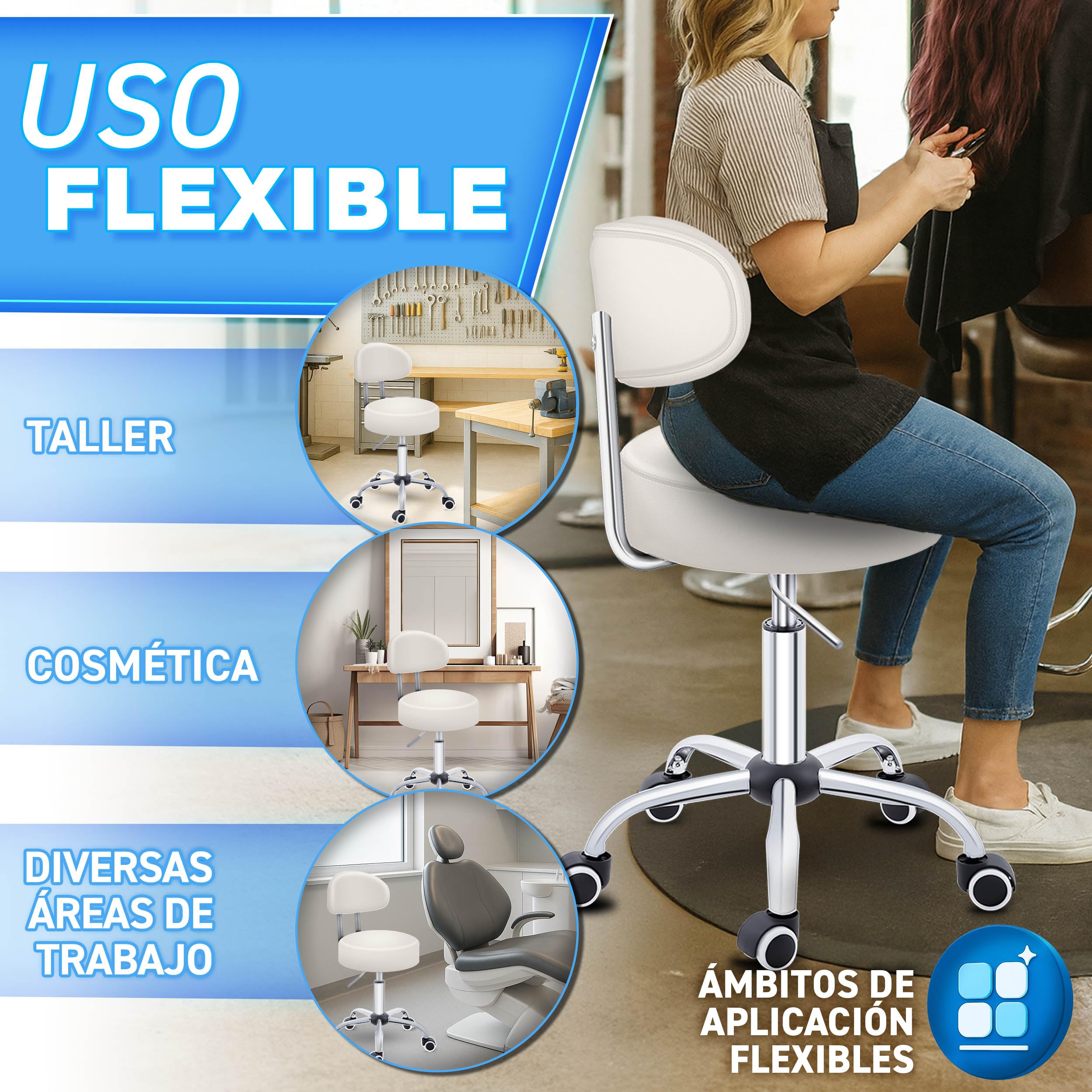 TRESKO Taburete con ruedas con respaldo, color beige, altura regulable 46-58 cm, taburete giratorio con ruedas, silla de oficina, taburete giratorio