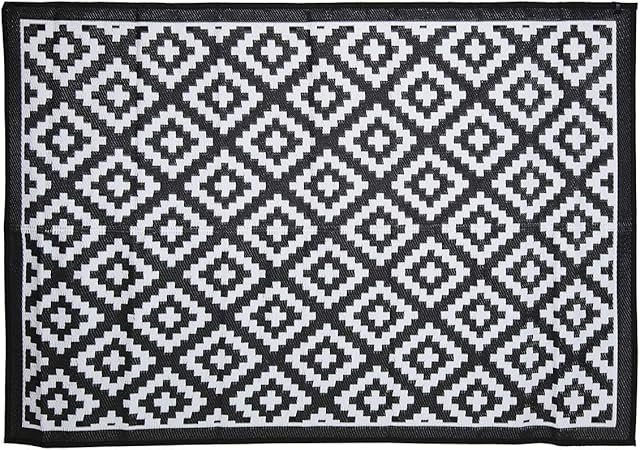 Charles Bentley Diamond Pattern Lightweight Waterproof Indoor/Outdoor/Patio Flatweave Large Rug Black W230 x L160cm