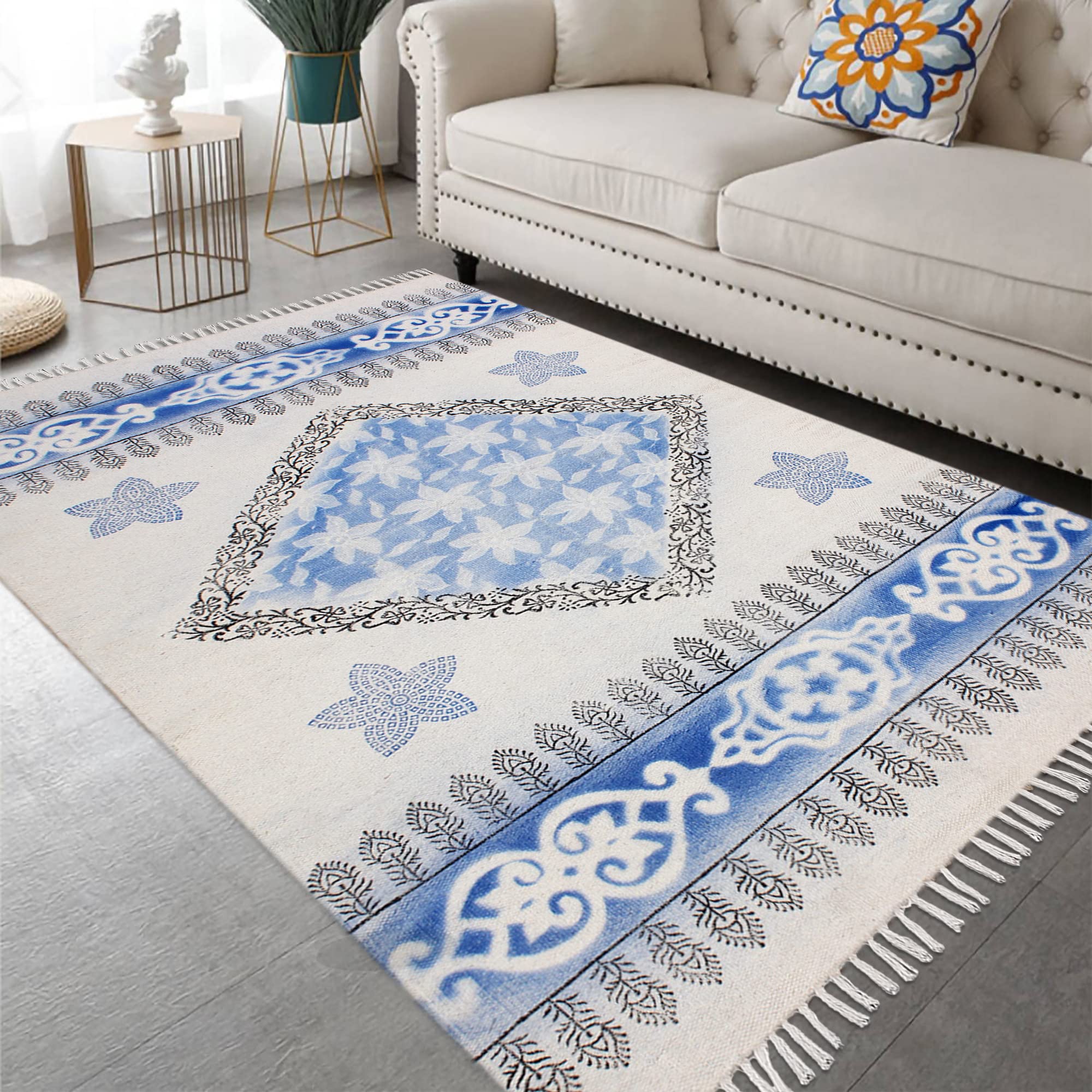 Tapis indien fait main coton géométrique bleu beige salon bureau 1,2x3,7m