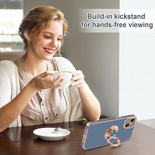 Miniatura 6 de Hython Funda para iPhone 15 con soporte de anillo, soporte de anillo giratorio de 360, soporte magnético, chapado en oro rosa, cubierta suave, funda