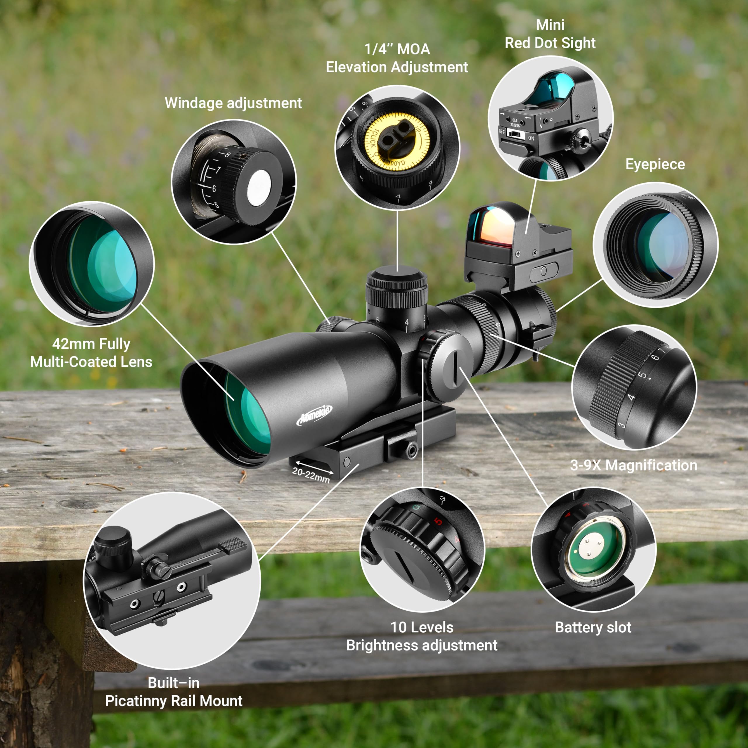 AOMEKIE Lunettes de Visée 3-9X42mm Red/Green Dot Sight avec Top Red Dot Sight Riflescope Combo Set avec luminosité réglable et 20mm/22mm Picatinny Rail Mount.