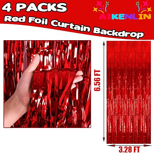 Miniatura 2 de Paquete de 4 cortinas de flecos de papel de aluminio rojo de 3.3 pies x 6.6 pies, cortinas de oropel metálico, cortinas de fondo para cabina de