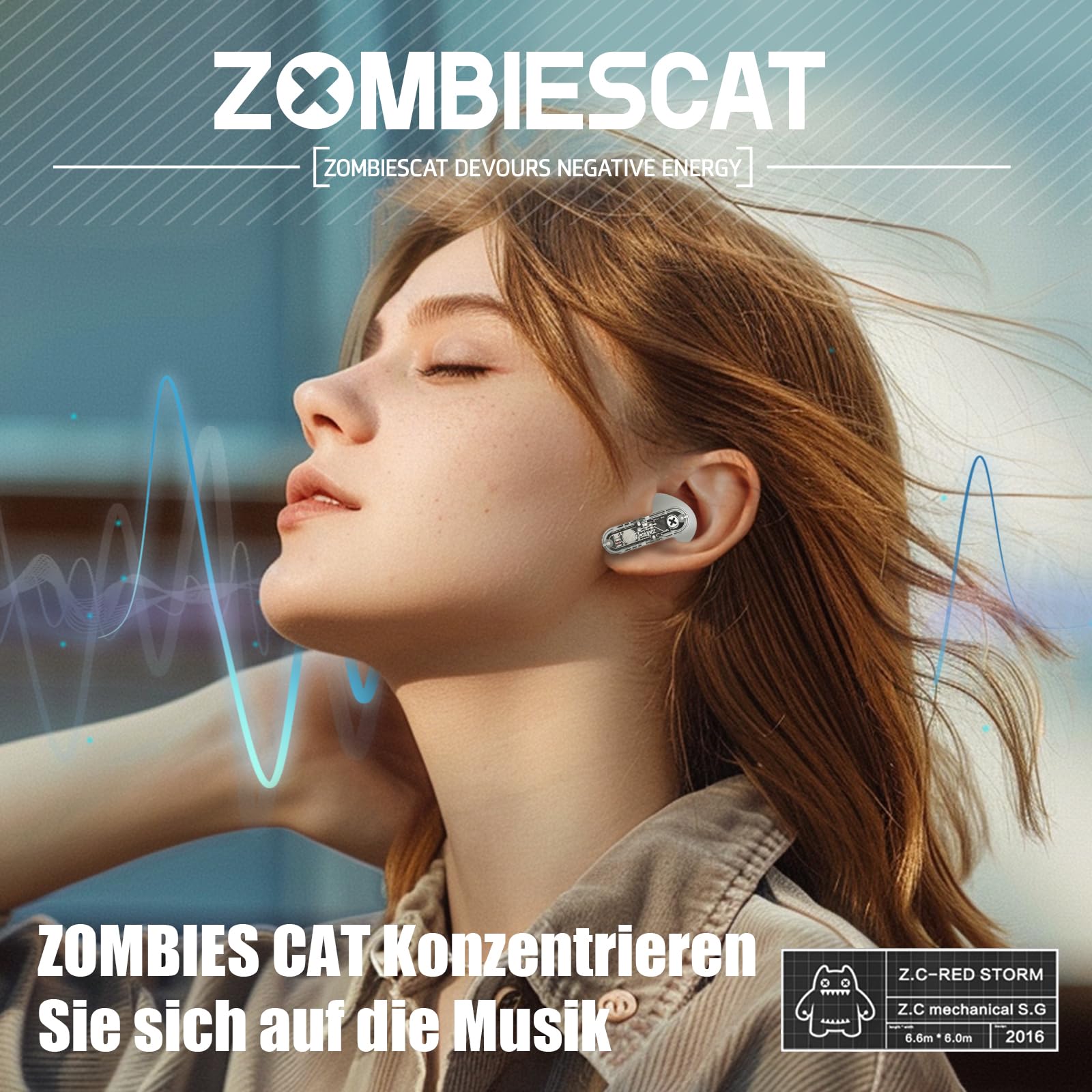 Écouteurs Bluetooth Clip Oreille ZOMBIES CAT M100 - Réduction De Bruit ENC, Léger, Écran Tactile - 3