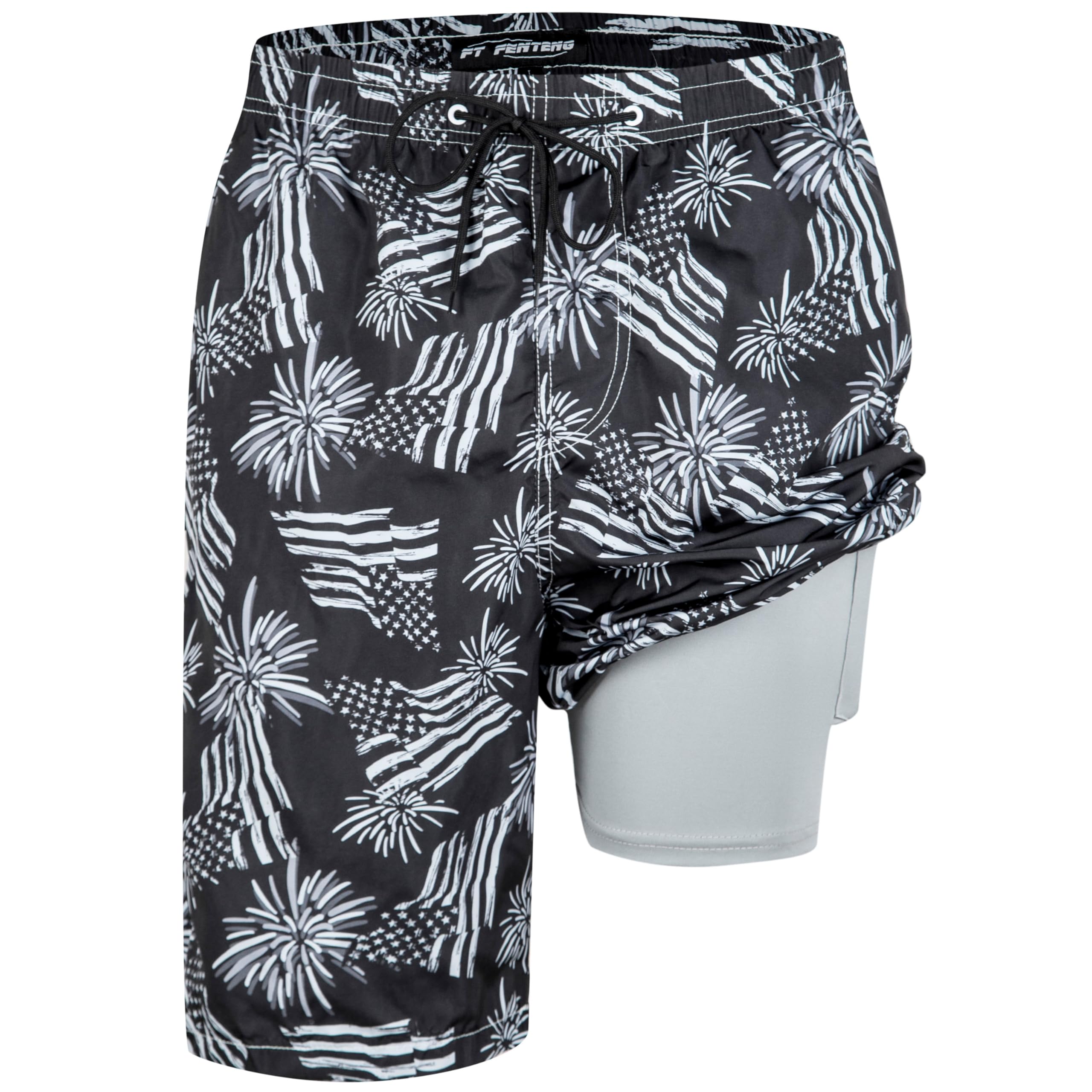 Mens Swim Trunks with Compression Liner 9" Board Shorts with Zipper Pockets