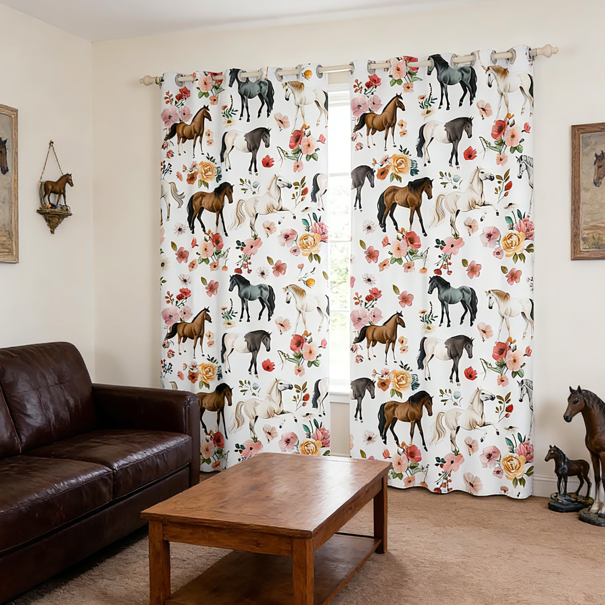 Rideaux occultants avec œillets - Motif chevaux - 137 x 117 cm - Pour enfants, garçons, filles, adolescents