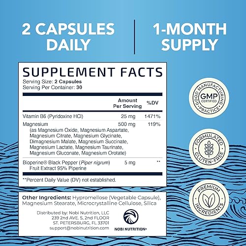 Miniatura 6 de Suplemento complejo de magnesio 10 en 1 de 500 mg  Citrato de magnesio, glicinato mag, malato y más  Complejo Mag de alta absorción con vitamina B6