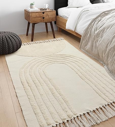 Miniatura 5 de Uphome Tapete tejido con diseño de arco iris semicírculo, suave para dormitorio, sala de estar, cocina, baño, puerta, color beige, 4 x 6 pulgadas