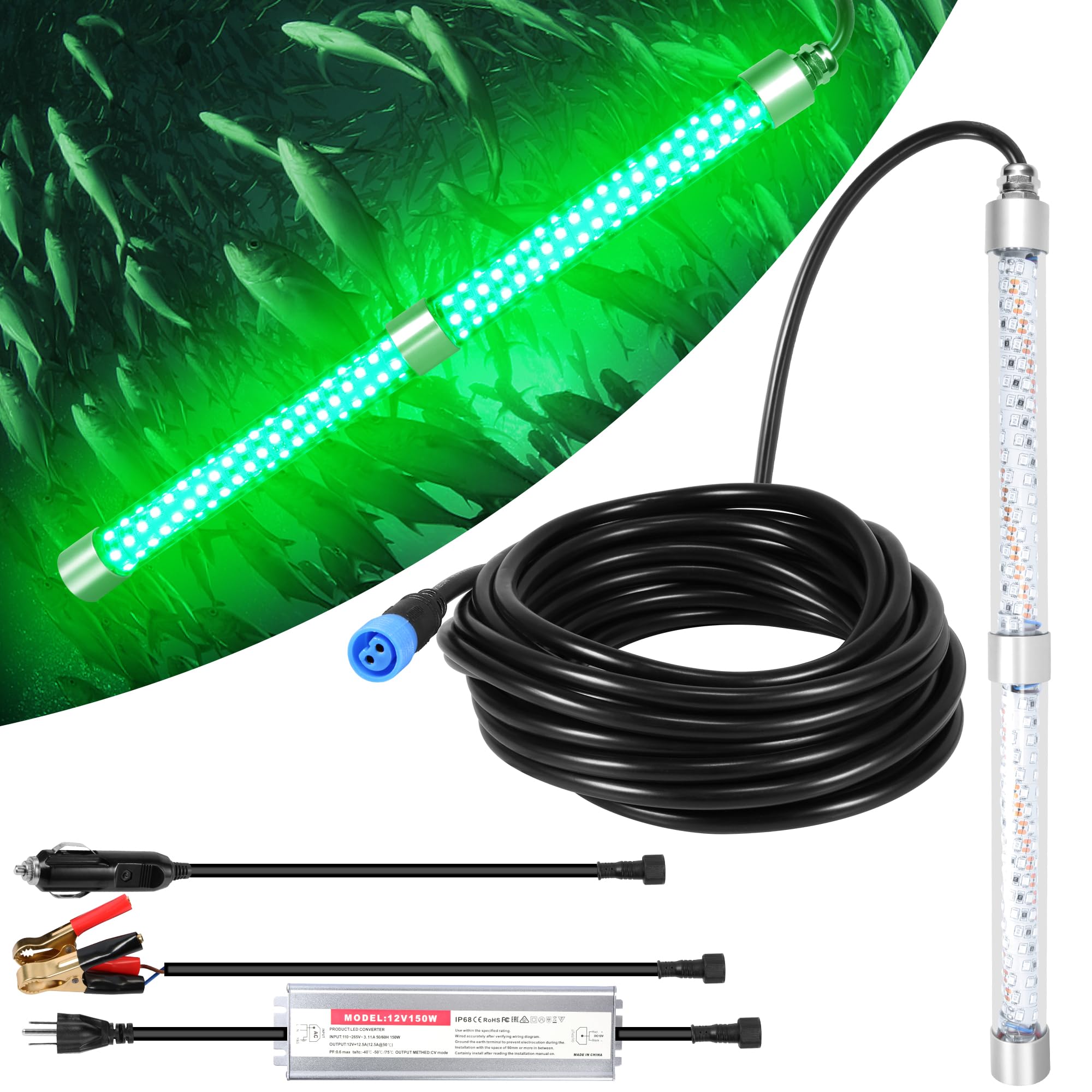 HUSUKU FS0-2 LED Green Underwater Fishing Light, 12V & 110V 16inch 200W 20,000LM 16.4FT Cord Night Fishing Finder, Glowing Fish Attractor, IP68 Submersible Boat Lamp for Snook Crappie Squid Shrimp