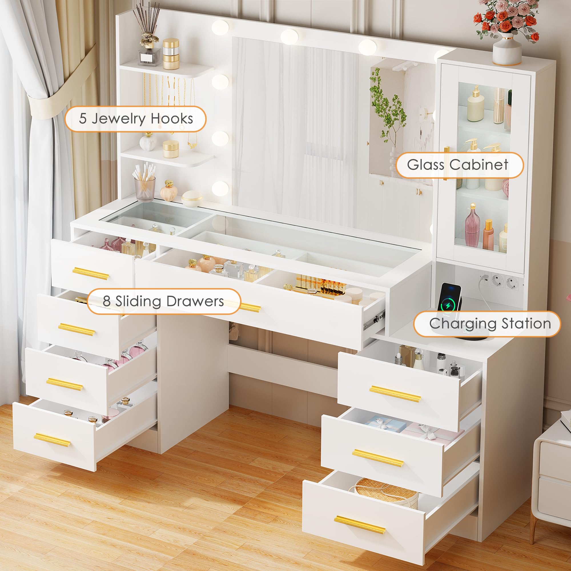 ANWBROAD Grande Coiffeuse avec Miroir et Prise, Éclairage LED Réglable,Table de Maquillage avec Plateau en Verre Coiffeuse Moderne avec 8 Tiroirs 3 Étagères 5 Crochets Blanc BDT88W