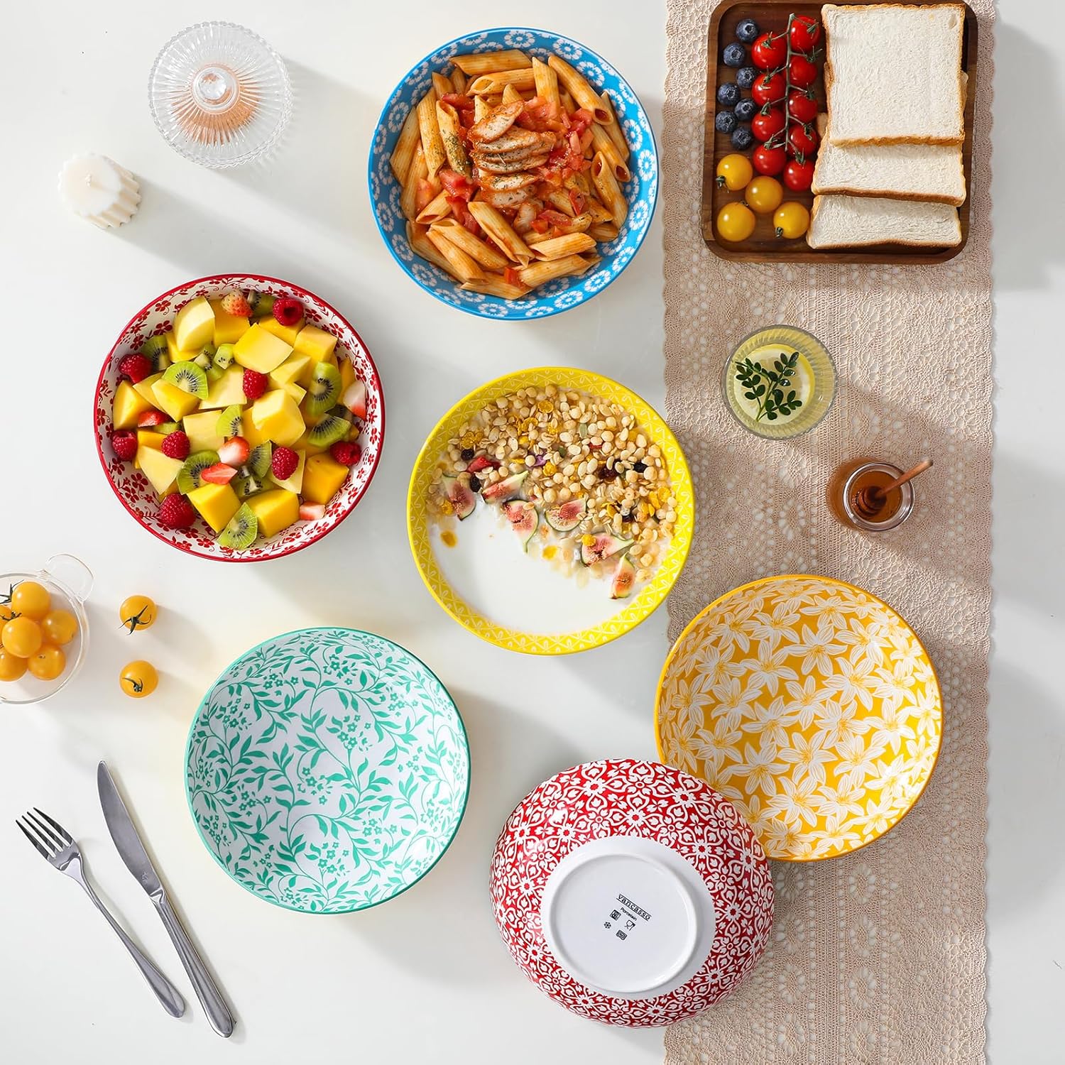 vancasso 8.5" Pasta Bowls Set of 6, 40 oz Porcelain Shallow Salad Bowls, Serving Bowls Large Kitchen Bowl Plates Pasta Dishes Plates, Colorful Floral Design, Microwave Safe, Series SELENE - Image 7
