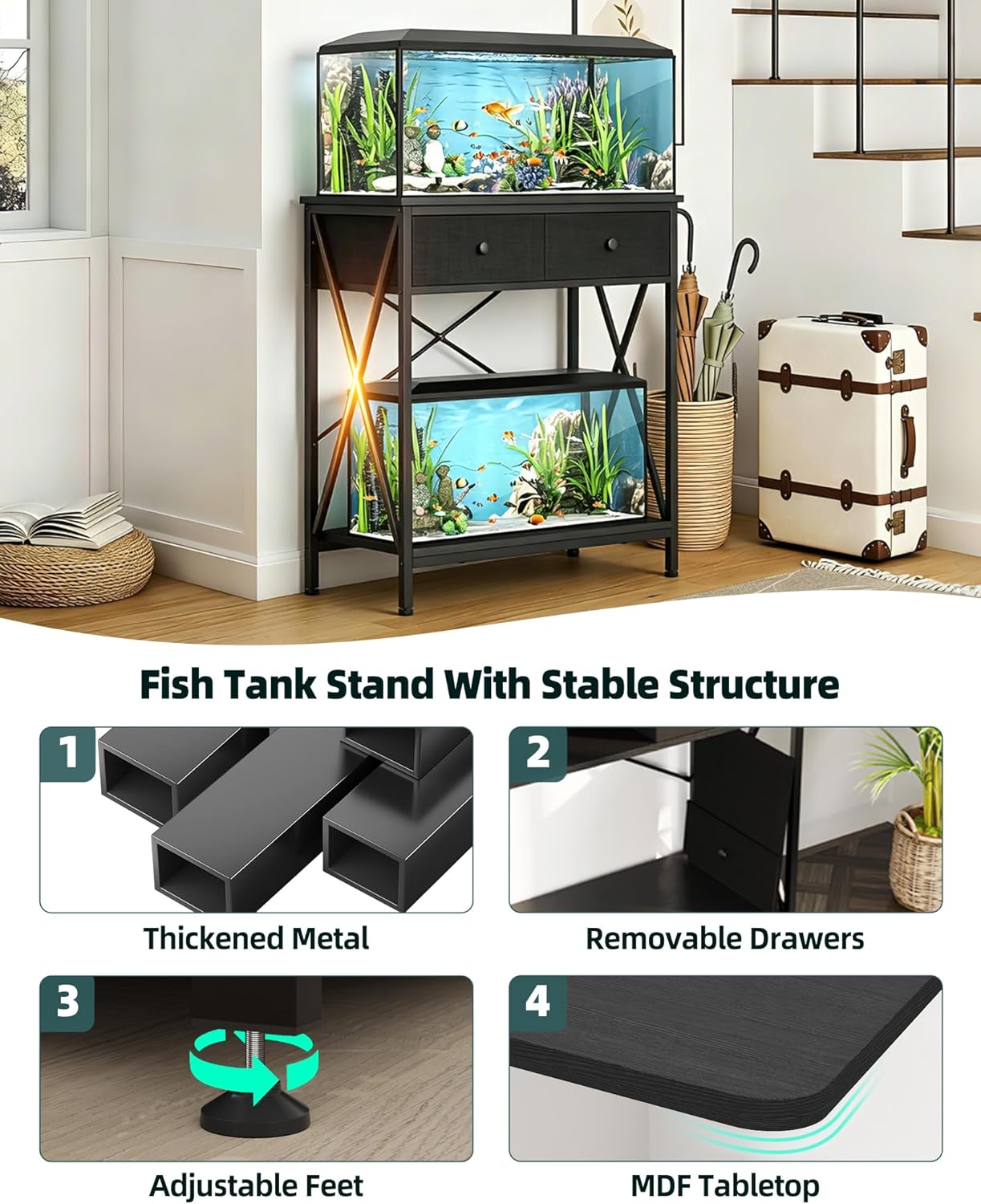 Fish Tank Stand 40 Gallon: Sturdy Aquarium Stand with Accessories Storage - Metal Fish Tank Table for 40-50 Gallon Reptile Breeder Turtle Terrarium - 35"X19.54" Weight Capacity 660 lbs