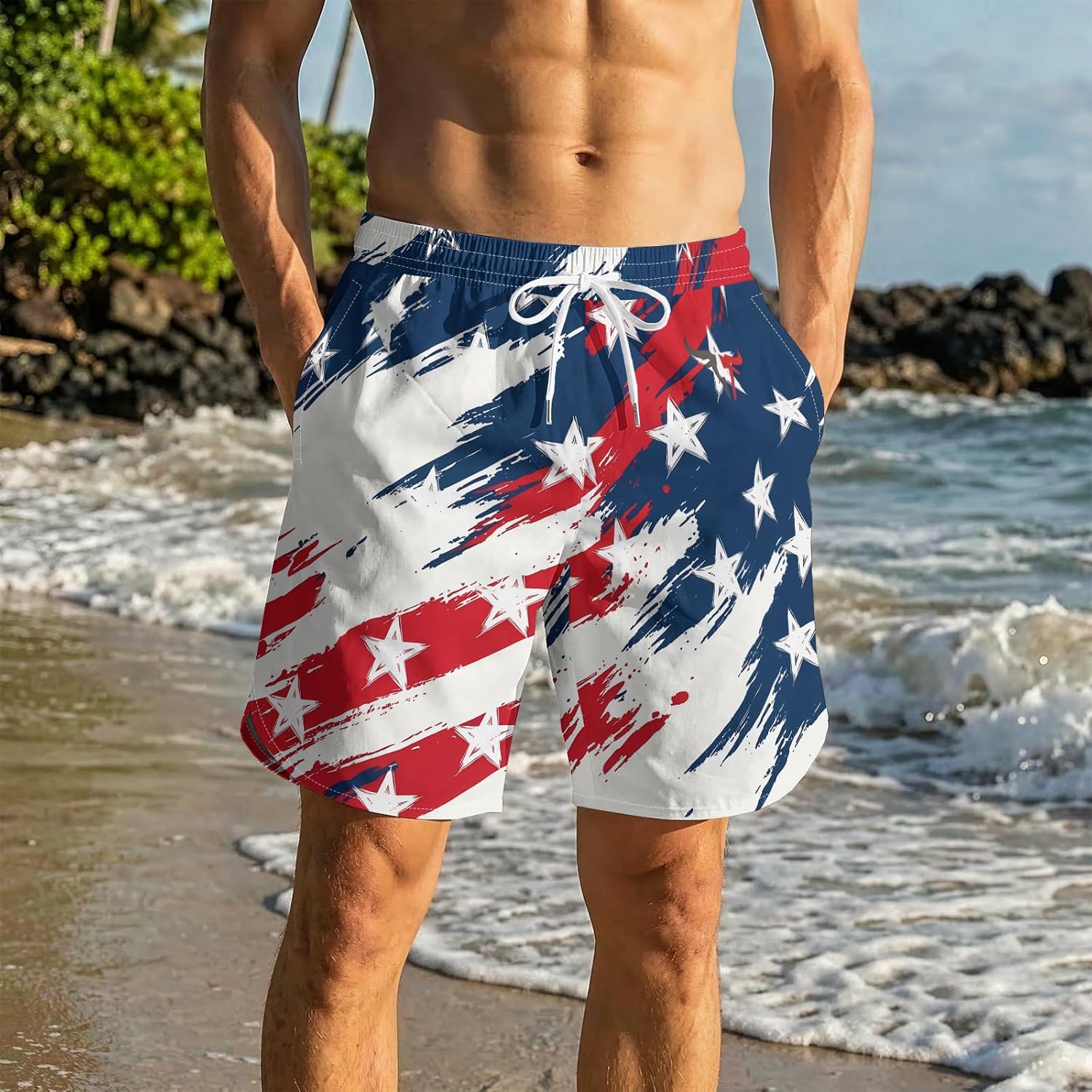 Men's National Swim Trunks Quick Dry Board Shorts with Compression Liner Casual Bathing Suit for Beach Vacation Surfing Party