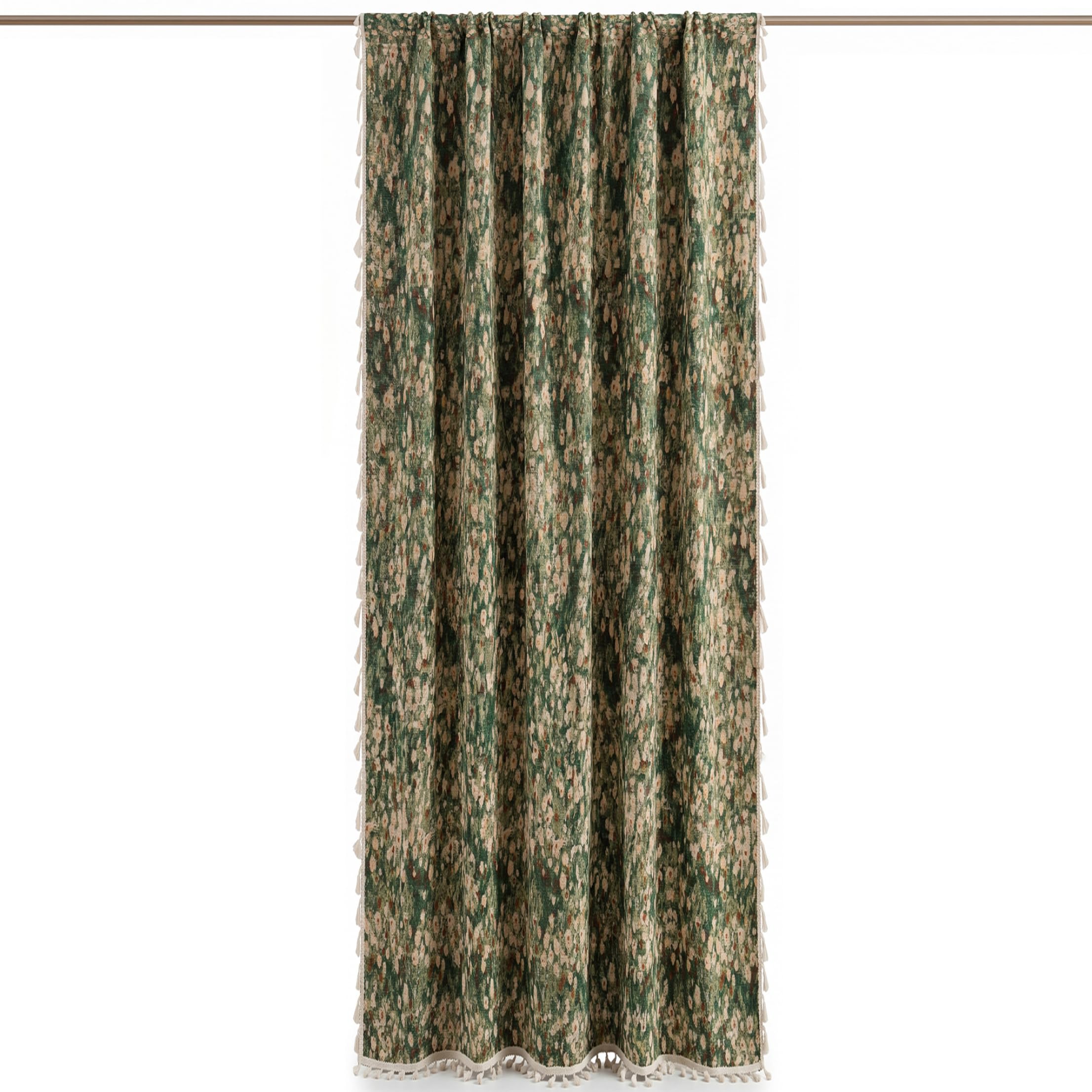 Tsawntd Tiers, Floral Blackout Curtains, Vintage Cottage Core Boho Floral Jacquard Curtains Semi-Blackout Fringed Drapes (Green, 59x94 Inch)