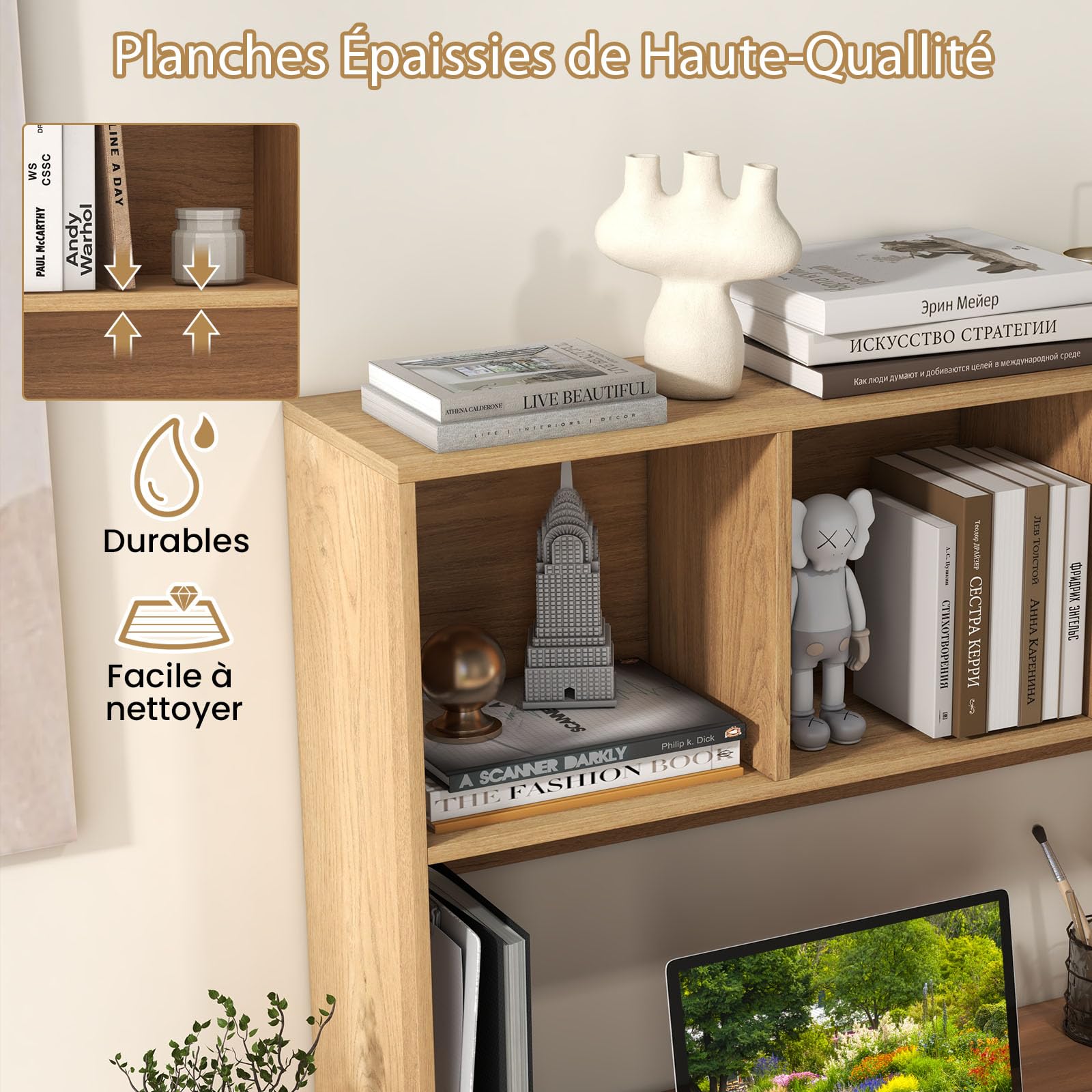 GOPLUS Etagere Bureau a Poser en Bois avec Plusieurs Tablettes, 94 x 25 x 73 CM Organiseur de Bureau avec 4 Compartiments Ouvert, Dispositif Anti-Basculement (Naturel, 94 x 25 x 73 CM|4 Bacs)