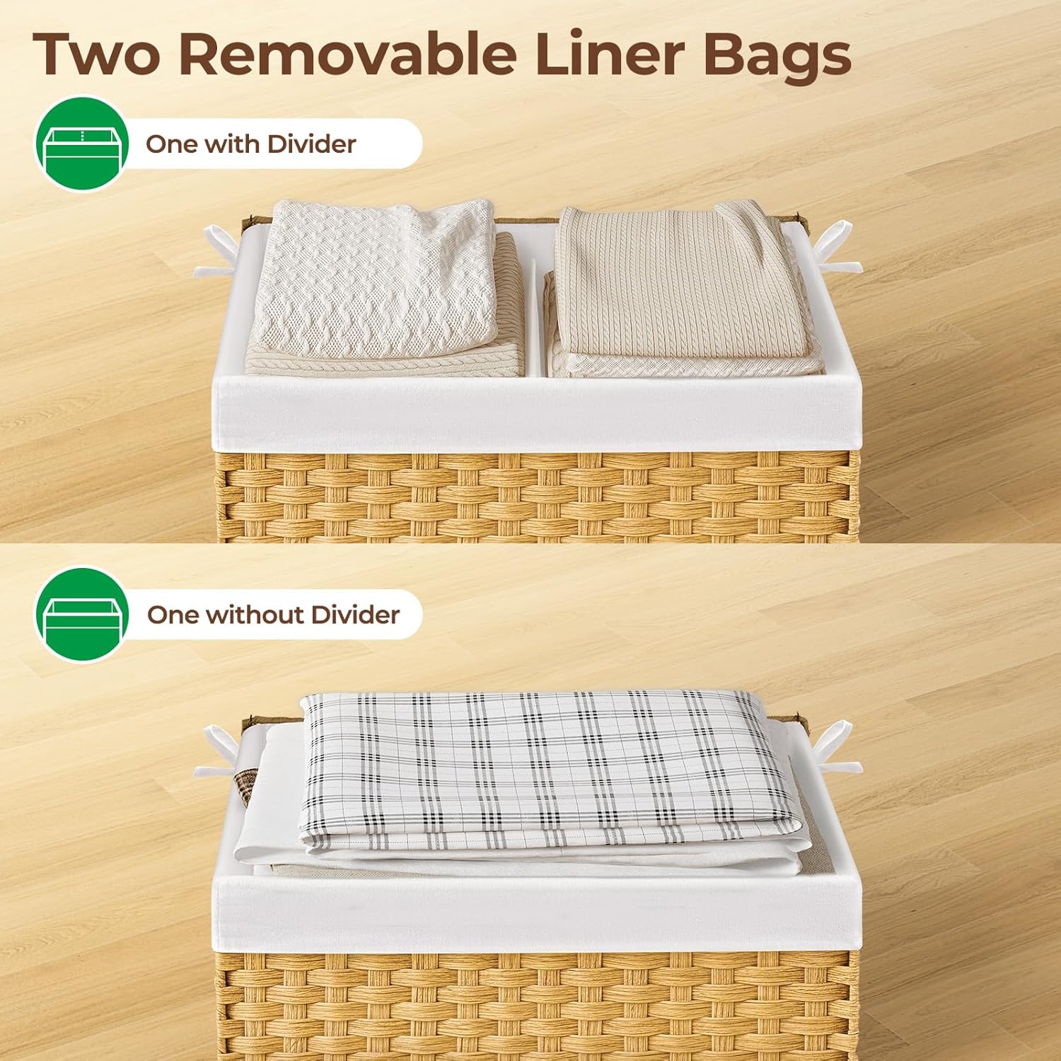 GREENSTELL Storage Basket with Lid, 27.7 Gallon(105L) Lagre Wicker Blanket Storage Basket with Handles, Foldable, 2 Removable Liner Bags, Metal Frame, for Bedroom, Laundry Room, Natural - Image 7