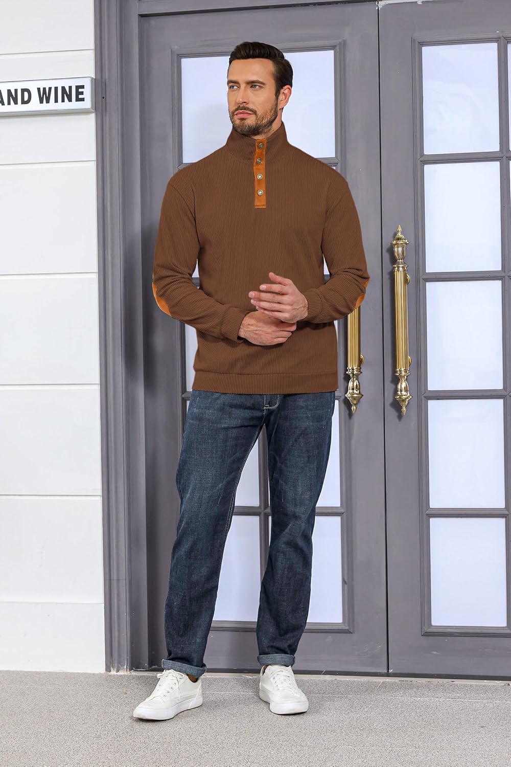 Lexiart Men's Casual Corduroy Sweatshirt Long Sleeve Thermal Stand Collar Button Pullover Sweatshirts - Image 6