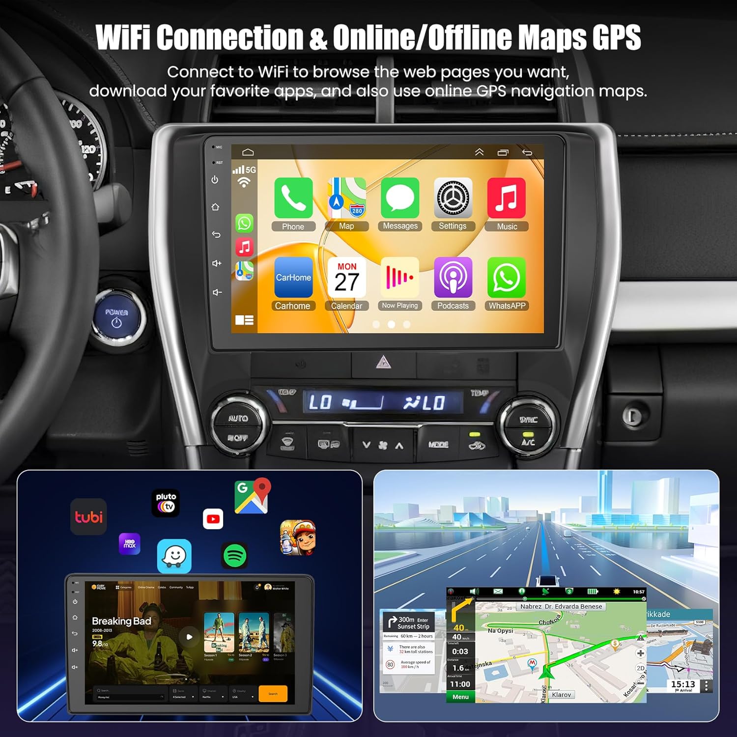 (8Core + 64GB) 10.2 Inch QLED Touch Screen Car Radio for Toyota Camry 2015 2016 2017 with Carplay and Android Auto,Android 13 Camry Stereo Support Bluetooth,WiFi,GPS,FM Radio,Backup Camera & SWC