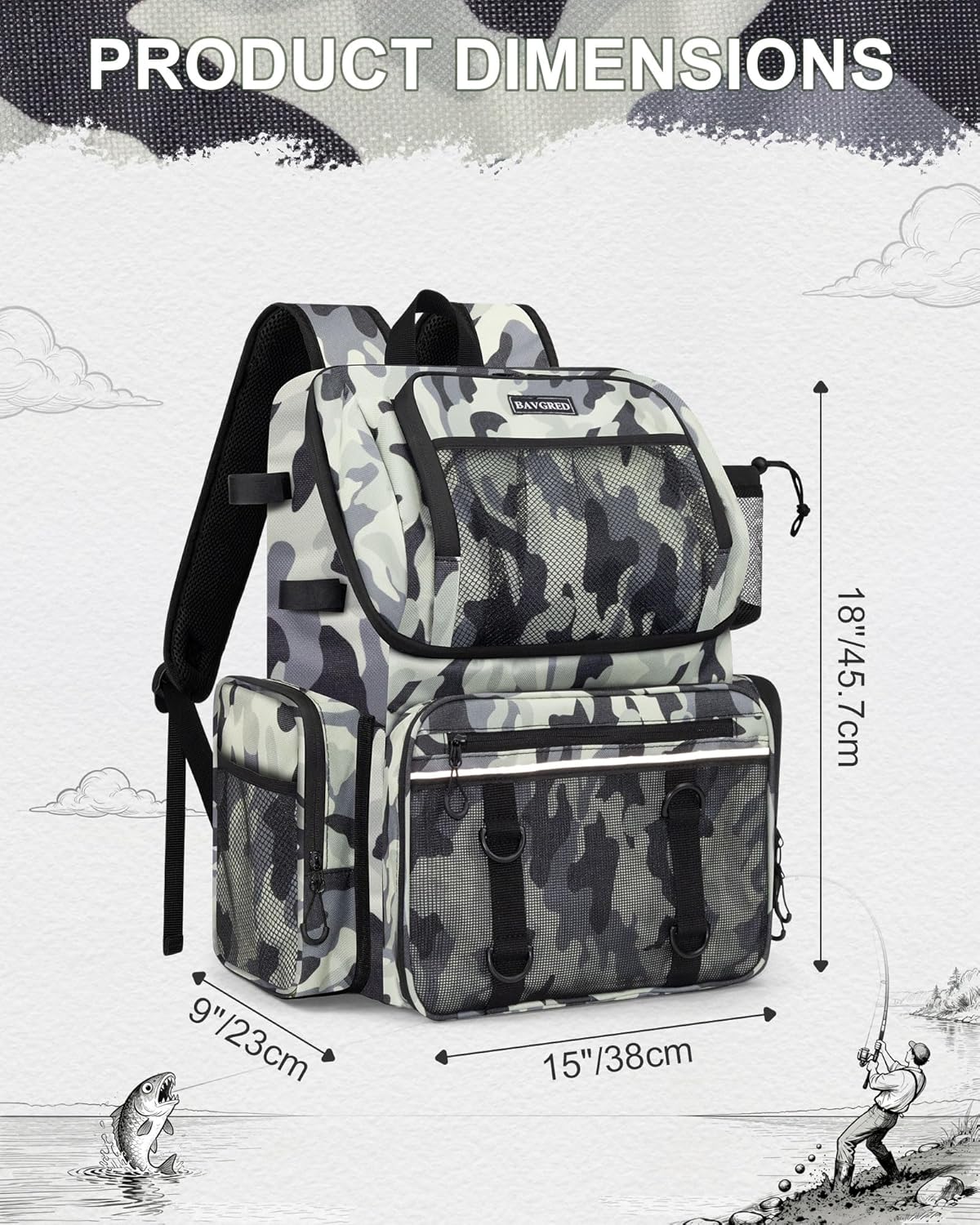 Fishing Backpack, Large Water Resistant Tackle Bag Storage Fishing Gear and Equipment, Built-in Cooler Compartment Grey