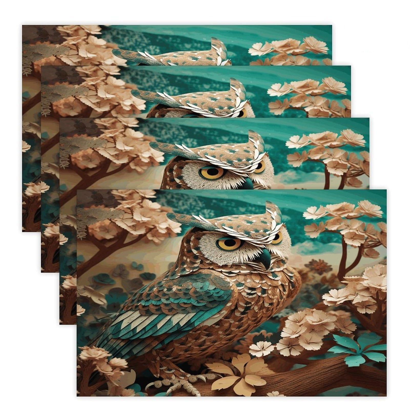 Owl2 Placemats Flax Place Mats for Dining Table Rectangle Non-Slip Table Mats Heat Resistant Washable Placemat for Kitchen Home Decor Party Outdoor 12" X 18"