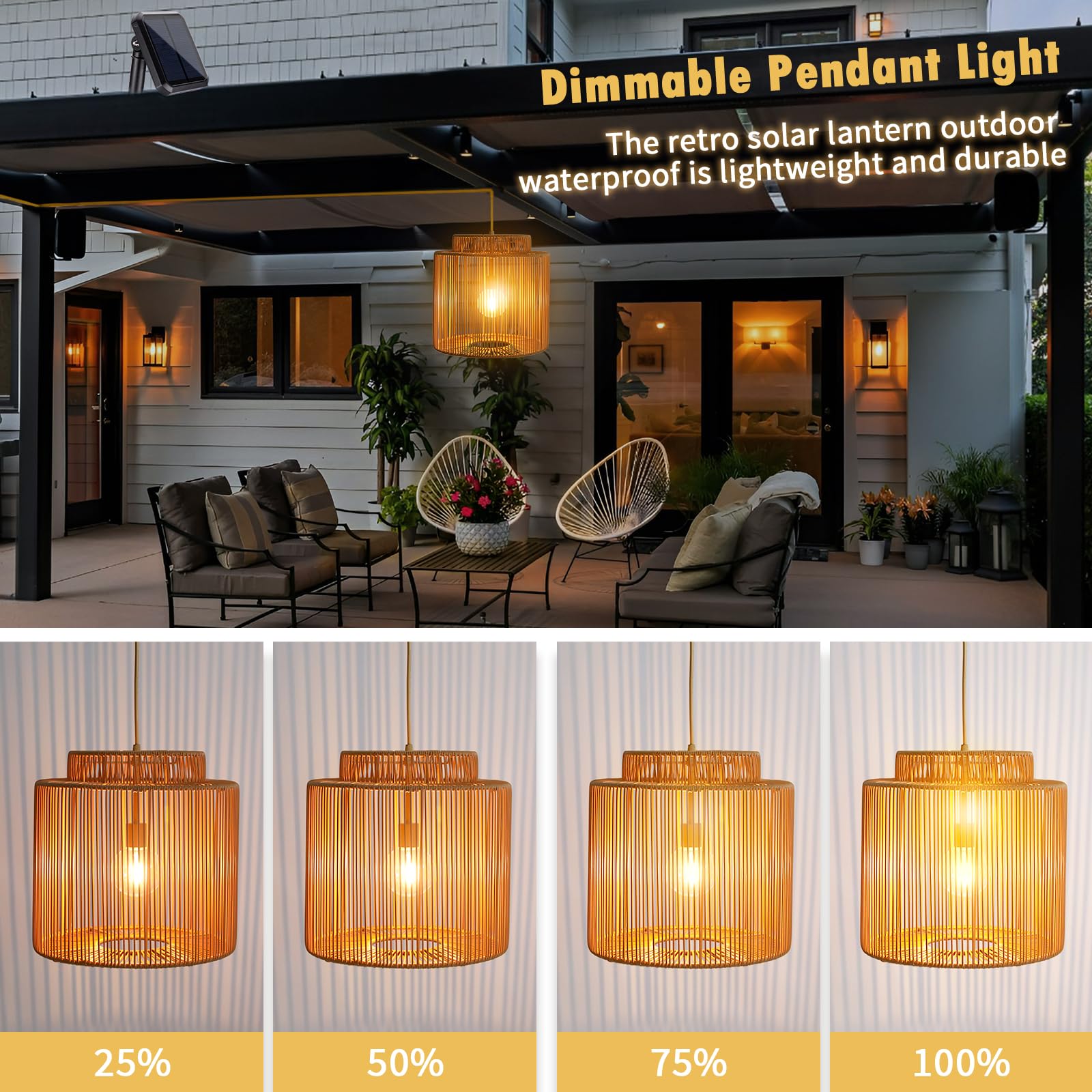 Solar Pendant Light Outdoor Hanging Lantern – Remote Dimmable Rattan Chandelier With Waterproof IP44 For Patio, Gazebo, Garden