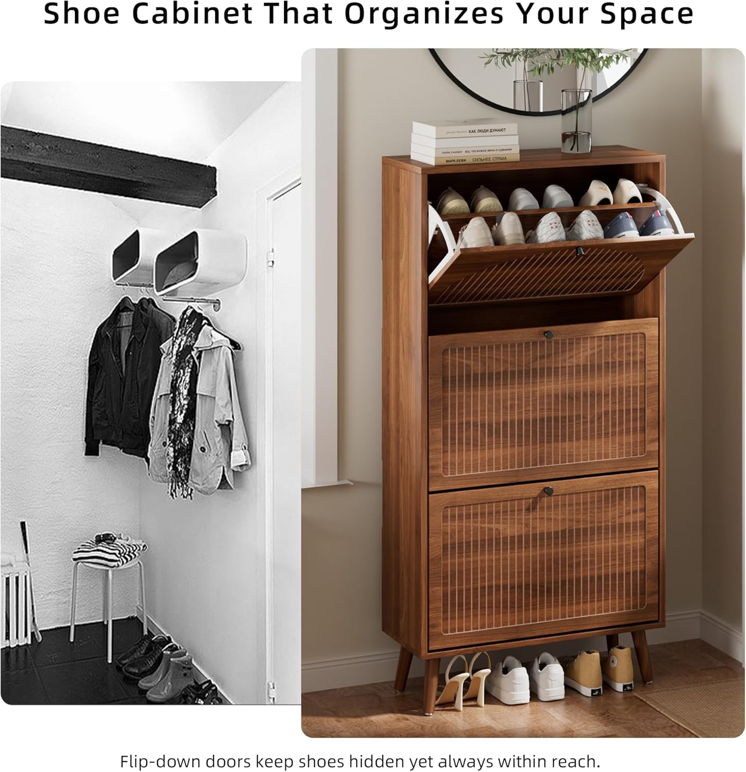 Shoe Storage Cabinet for Entryway with 3 Flip Drawers, Narrow Shoe Organizer with Fluted Panel, Freestanding Wood Hidden Shoe Cabinet for Hallway (Walnut, 23.6''W, Double Layer) - Image 9