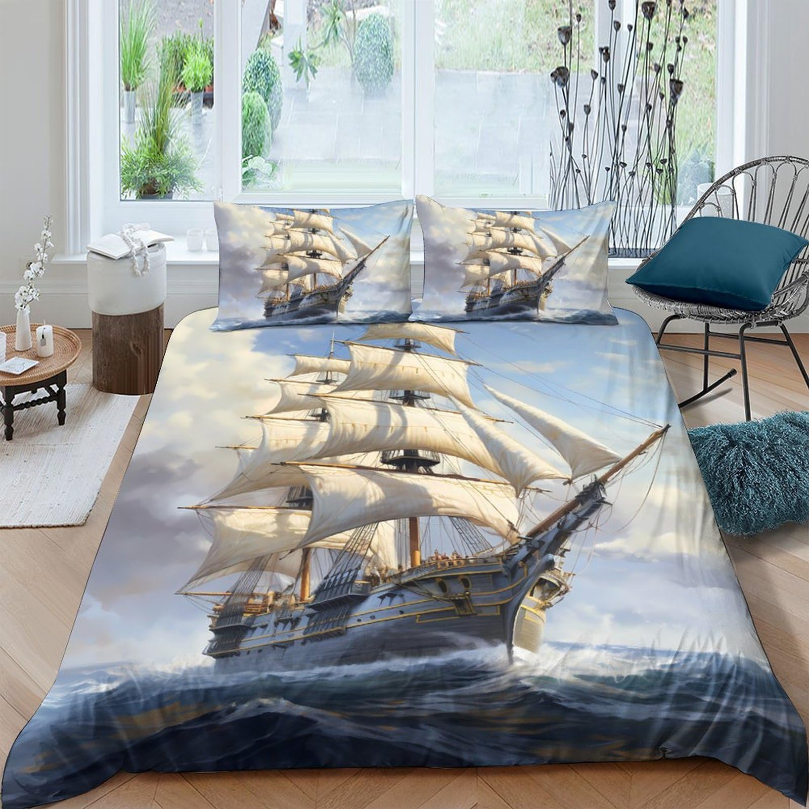 Ctjqhvkz Style-10 3D Printed Sailing Ship Fitted Sheet Microfiber Soft Anti-Slip Ocean Wave Mattress Cover For Bedroom Guest Room Decor Single（135X200cm）