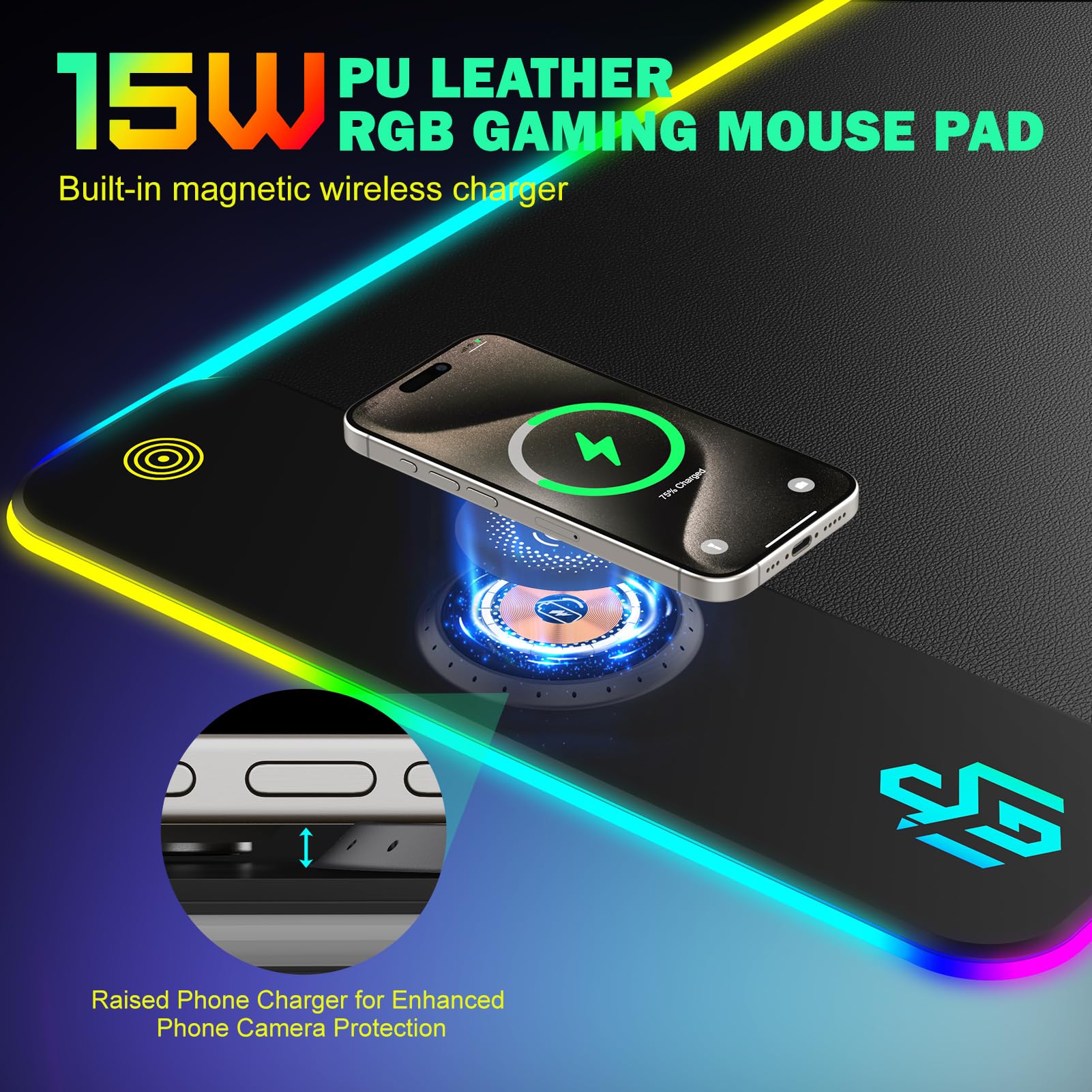 Tappetino per mouse da gioco RGB in pelle PU con ricarica wireless magnetica da 15 W, tappetino per mouse a LED 800 x 300 x 4 mm, 10 modalità di illuminazione, base in gomma antiscivolo per PC MacBook