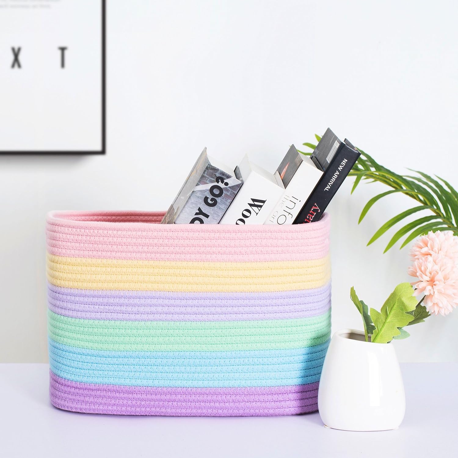 MINTWOOD Design 3-Pack Storage Baskets and Cube Bins for Shelves, Playroom and Classroom, Decorative Woven Closet Organizers for Books, Shoes, and Pantry Items, Pastel Rainbow