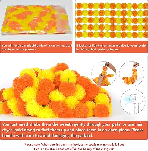 Miniatura 3 de 5 Piezas Guirnalda de Caléndula para Decoración, 5 Pies Flores Artificiales de Caléndula Decoraciones Diwali para el Hogar, Cabezas de Caléndula