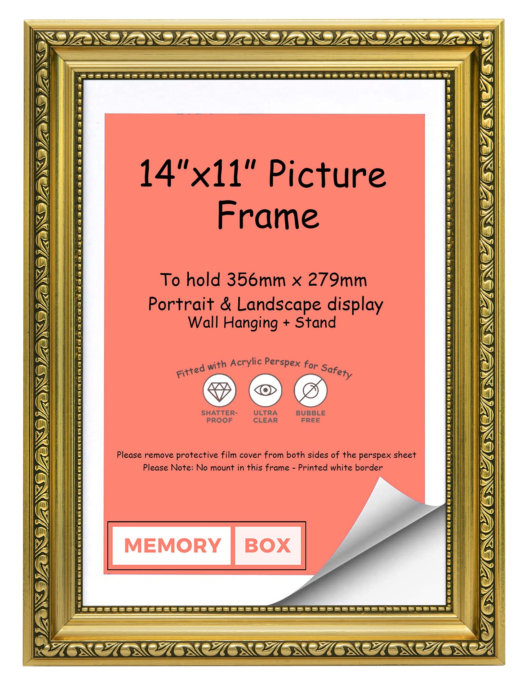 Memory Box Ornate Shabby Chic Picture/Photo/Poster frame with Real Glass - (35.6 x 27.9cm) Gold 14" x 11"