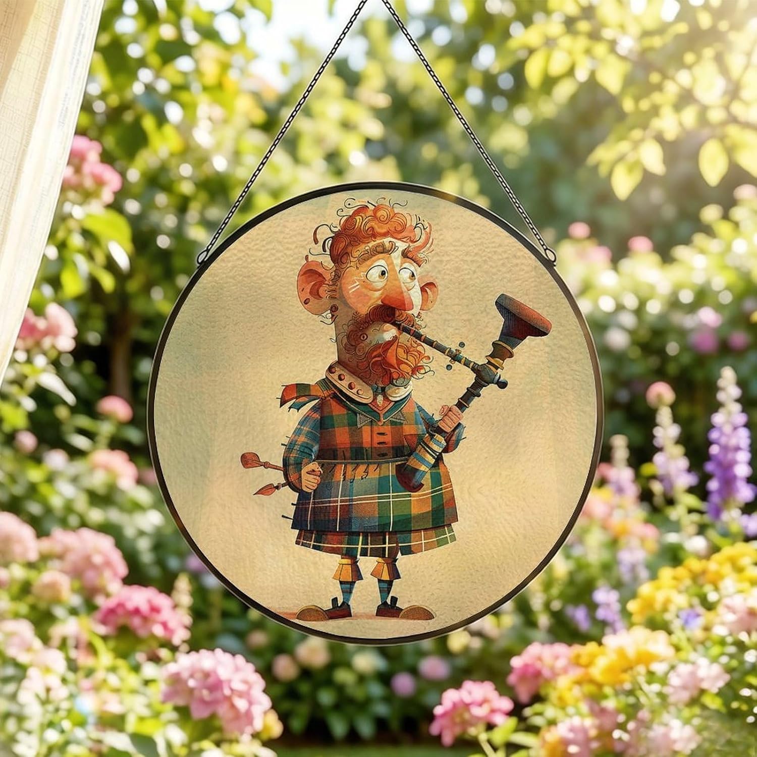Stained Glass Window Hanging 30x30cm Window Suncatcher Glass Panel with Metal Chain Cartoon Scottish BagpipeSun Catchers Wall Art Home Decor Gift for Women Mother's Day