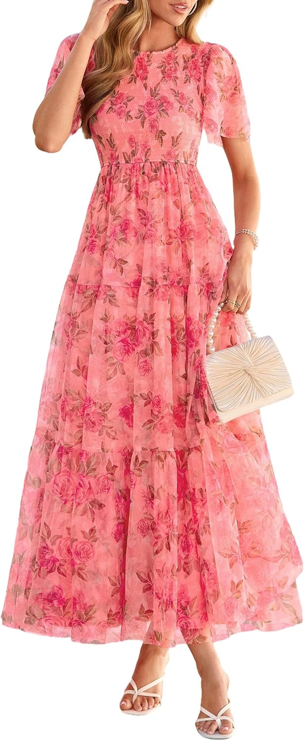 PRETTYGARDEN Tulle Floral Dress Women Summer Wedding Guest 2026 Spring Short Sleeve Maxi Smocked Flowy Beach Party Dresses