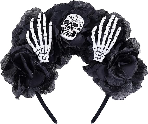 hoyuwak Halloween Headband Black Flower Hair Accessories Skull Hairband Day of the Dead Headpiece Headwear for Women Girl Decor