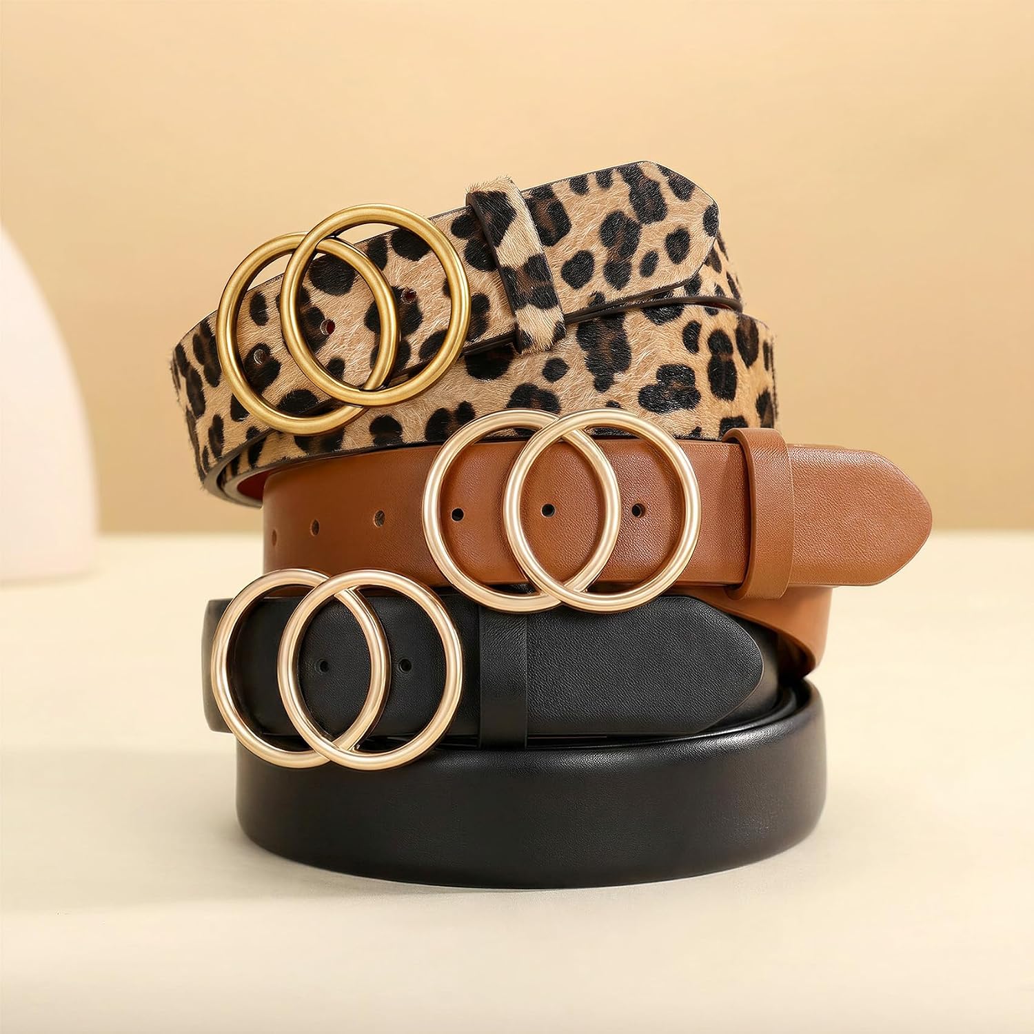 XZQTIVE 3 Packs Women's Leather Belts For Jeans Dresses Pants Fashion Ladies Waist Belt with Double O-Ring Gold Buckle image 5