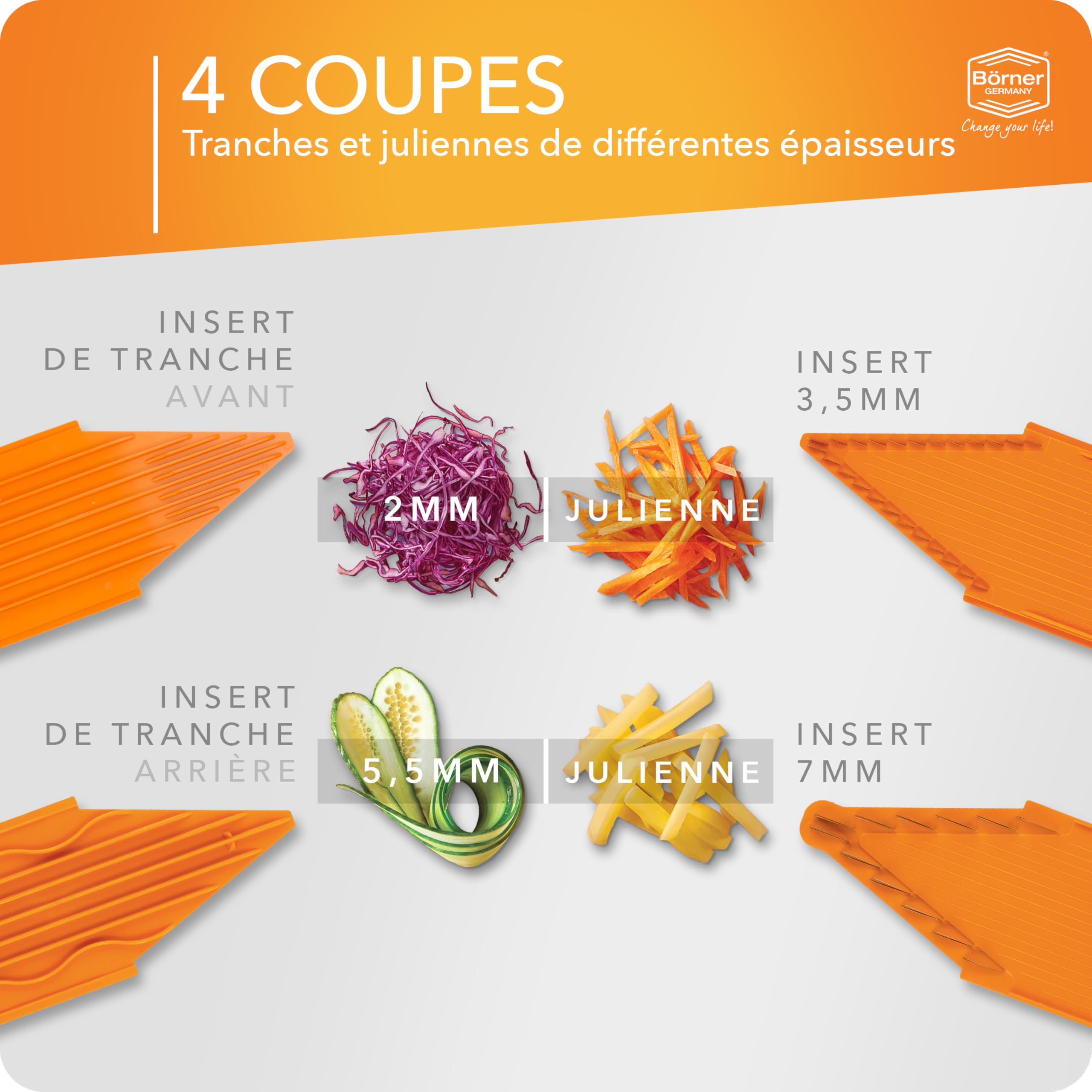 Coupe Légumes V3 (Starter Set) • Mandoline en V pour 5 types de coupe • Mandoline Réglable pour Légumes & Fruits • Lame en Acier Inoxydable • Râpe avec Porte-fruits • Orange