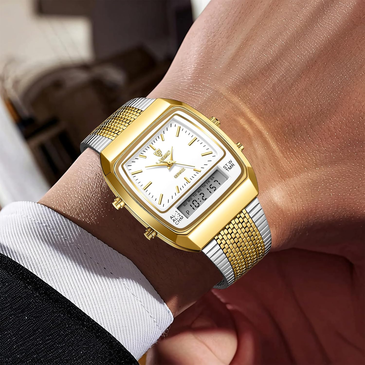 FANMIS Men's Watches Multifunction Square Dual Display Sport Watch for Men Waterproof Stainless Steel Chronograph Fashion Wristwatch, Retro Gold Mesh Band