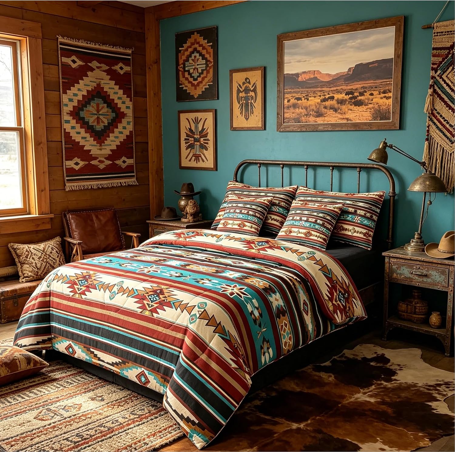 Feelyou Bohemian Aztec Bed in a Bag Boho Exotic 7 PCS Comforter Set with Sheets for Kids Colorful Geometric Stripes 7 Pieces Bed in a Bag Set Southwestern Comforter Set with Sheets King Size