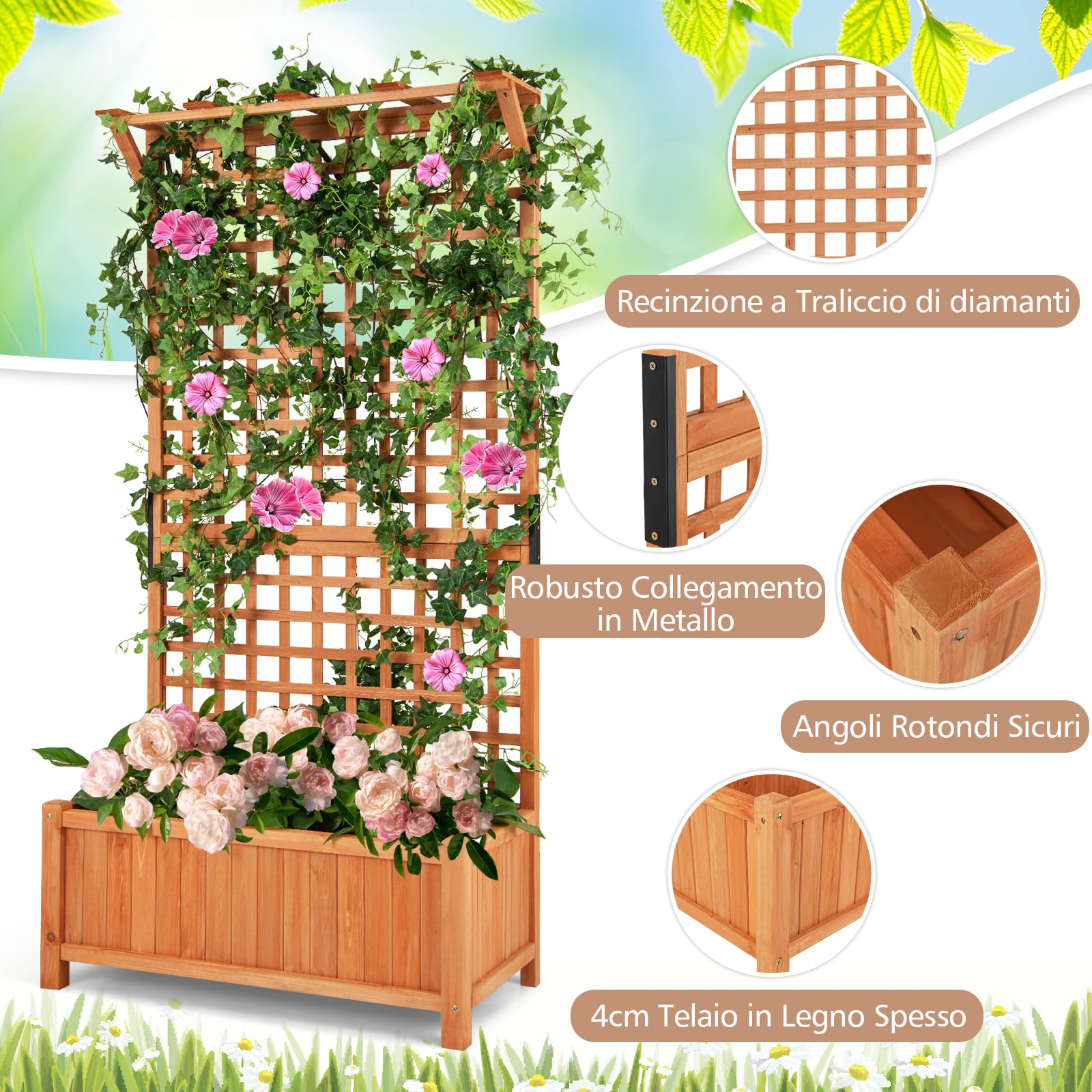 COSTWAY Fioriera da Esterno con Grigliato e Tettuccio, Fioriera in Legno da Interno Esterno con Fori di Scarico, Vaso con Spalliera per Piante Rampicanti Viti Fiori