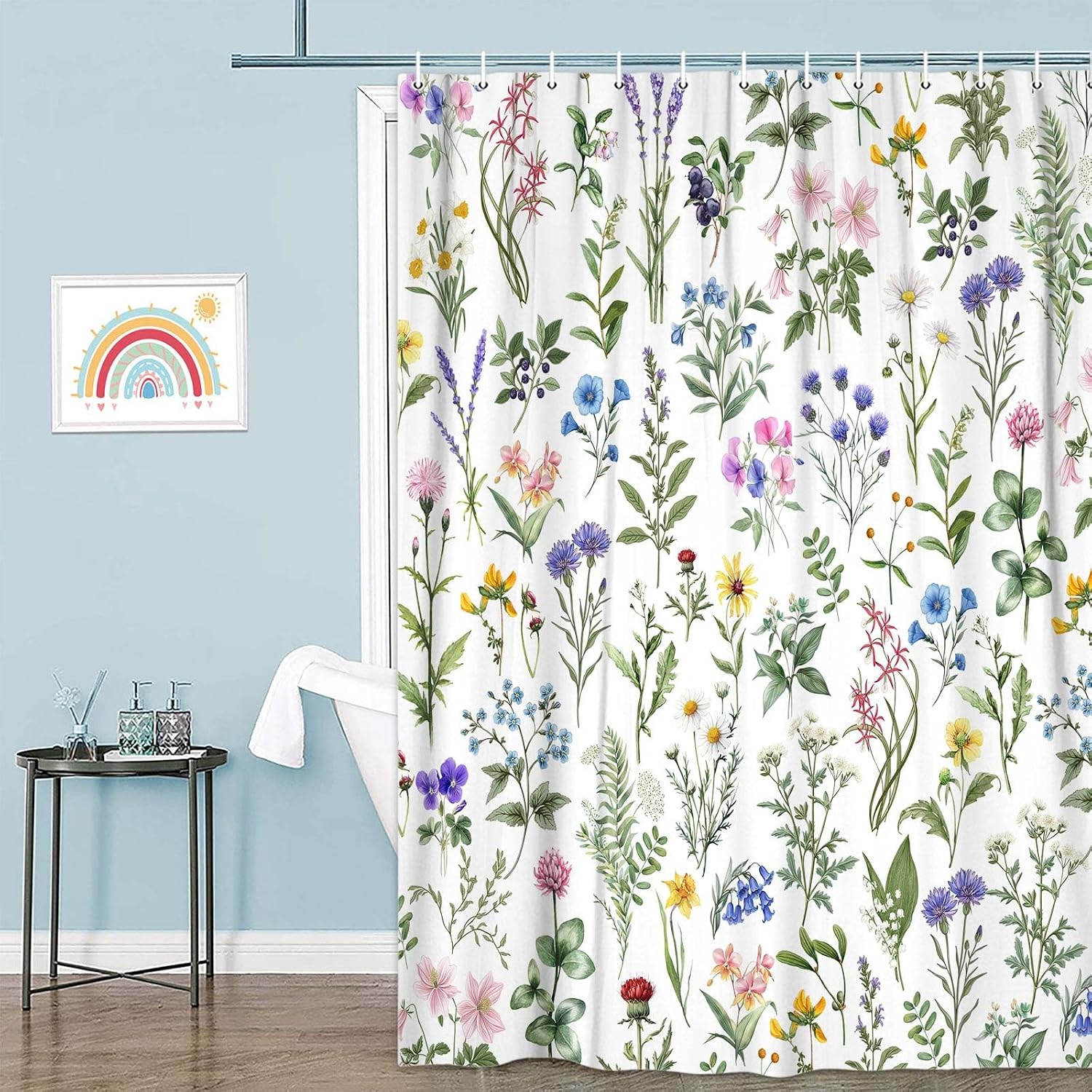 Green Cottagecore Watercolor Botanical Floral Shower Curtain for Bathroom,Farmhouse Cute Colorful Wildflower Bath Curtain Set,Waterproof Washable Fabric with Hooks,Spring Bathroom Decoration 72X84IN