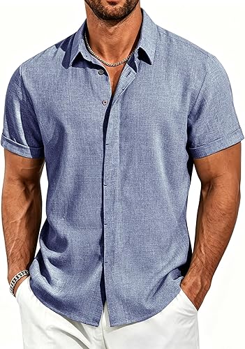 MAPICK Men's Short Sleeve Linen Shirt Lightweight Button Down Shirts Casual Summer Beach Shirt for Vacation & Wedding