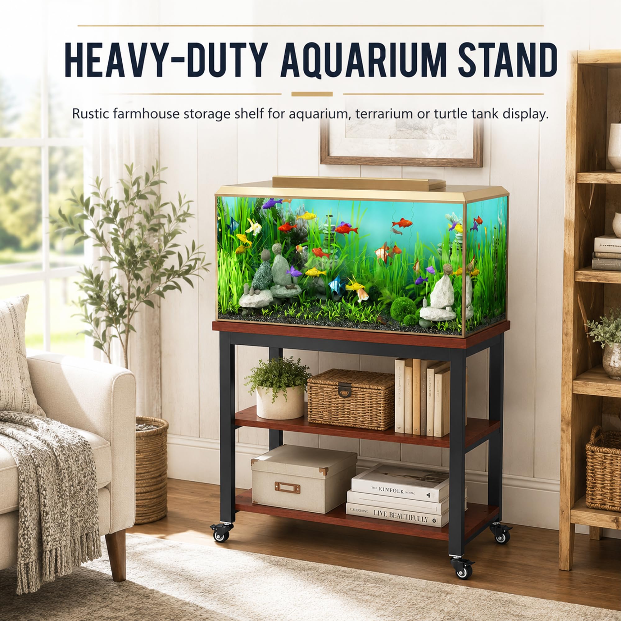 JSWHYBD Mueble soporte pecera terrario resistente con ruedas | Mesa doble nivel almacenamiento para peces tortugas reptiles, exhibición salón oficina dormitorio(G,150L)