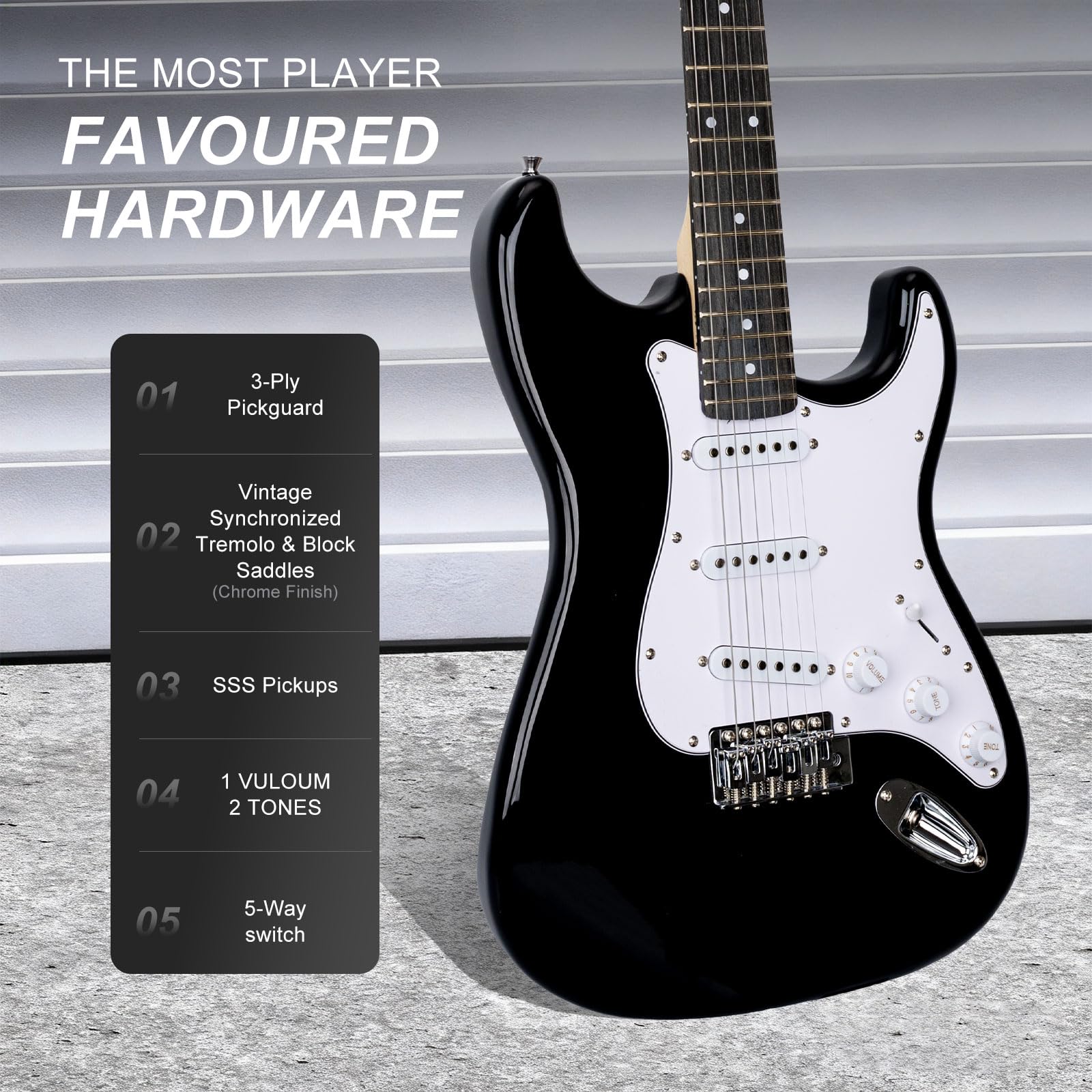 E-Gitarre 39 Zoll Anfänger E-Gitarre Kits mit Verstärker Classic SSS Tonabnehmer Komplett mit Gigbag Tuner Kapodaster Gurt Plektren Gitarrensaitenwickler Schwarz