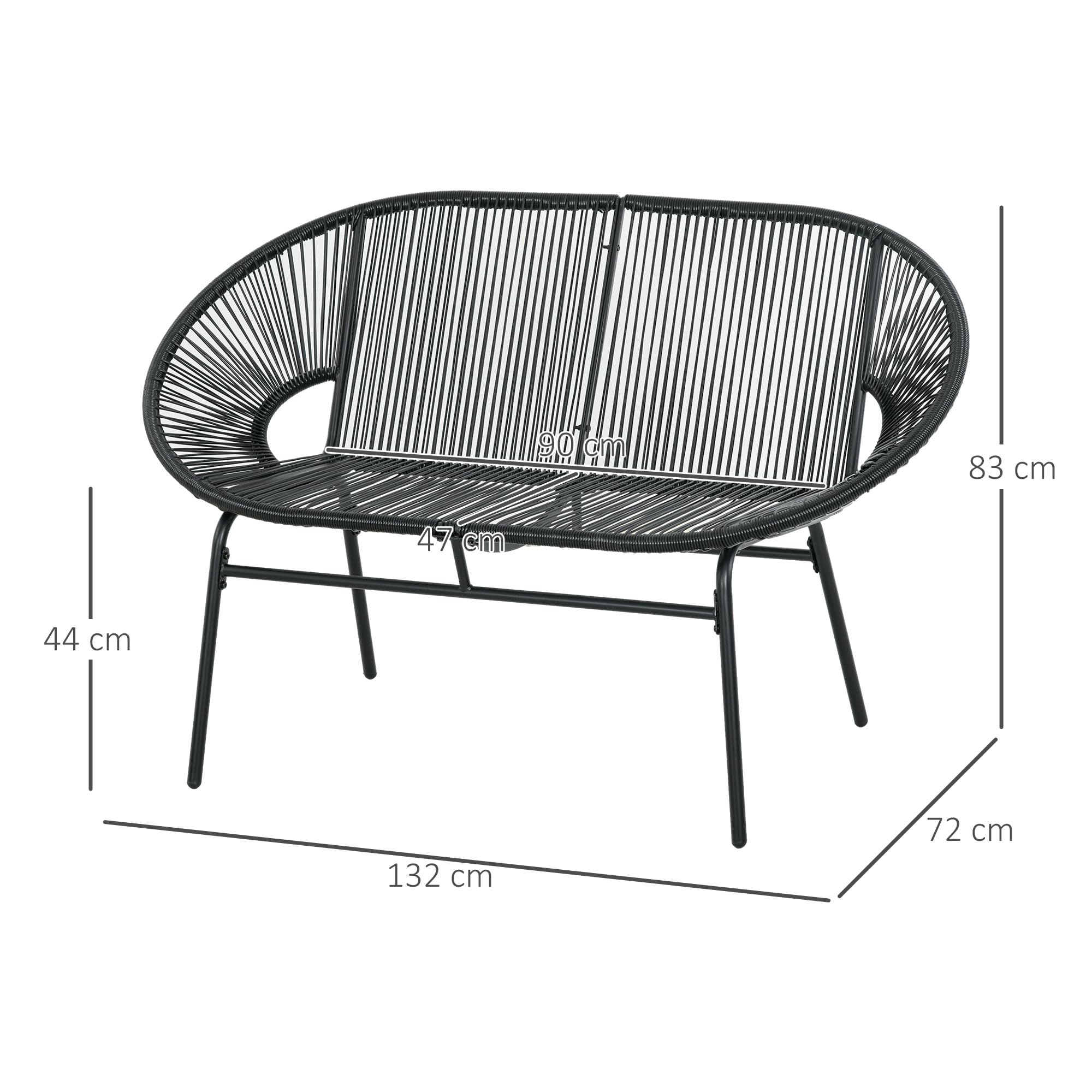 Outsunny Banquette Banc de Jardin 2 Places en Acier et Cordage en résine avec 2 Coussins - dim. 132L x 72l x 83H cm - Noir
